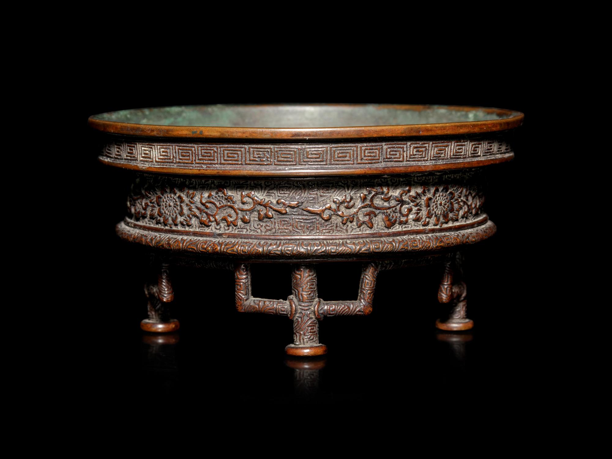 A Patinated Bronze Flower Arranging Vessel, Suiban