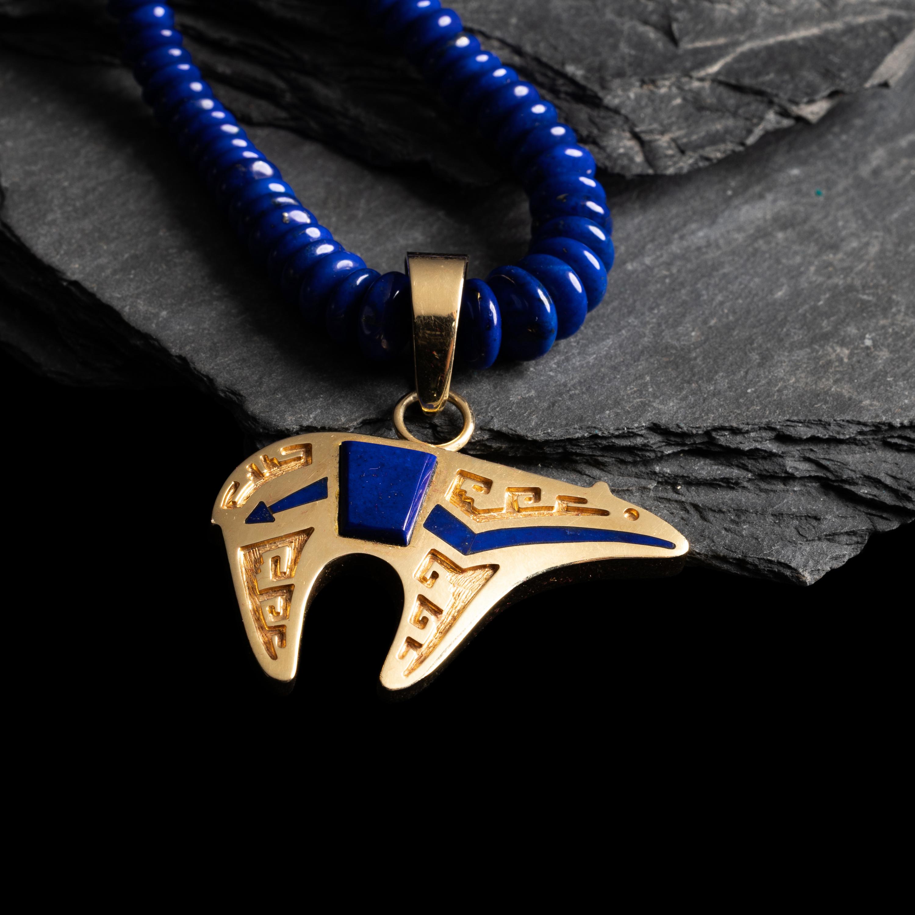 Herbert Taylor (Diné, 1951-1996) — 14K Gold and Lapis Heart Line Bear Necklace