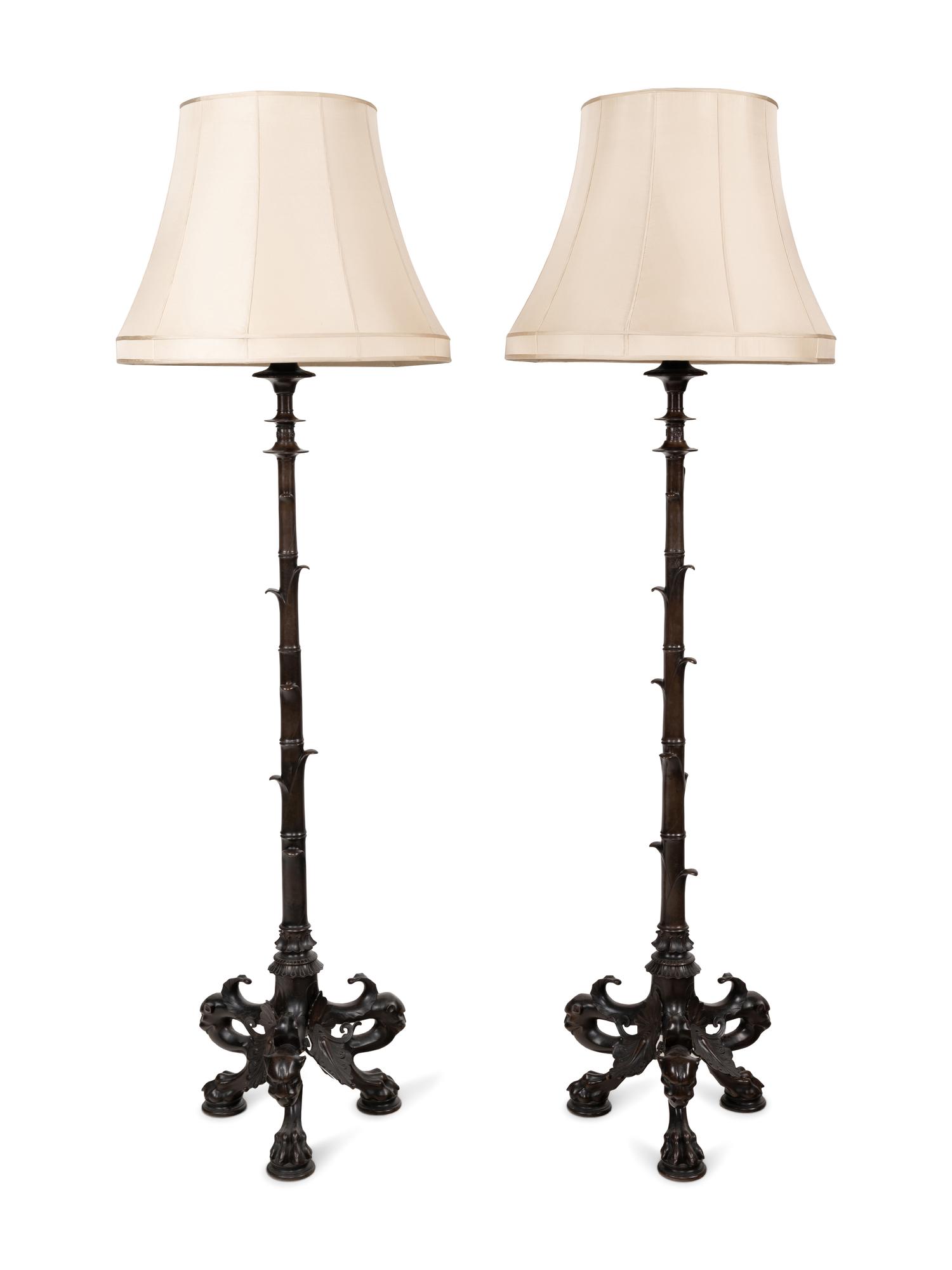 A Pair of French Neoclassical Patinated Bronze Torchères with Custom Silk Shades