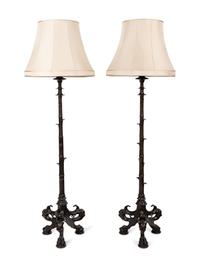 A Pair of French Neoclassical Patinated Bronze Torchères with Custom Silk Shades