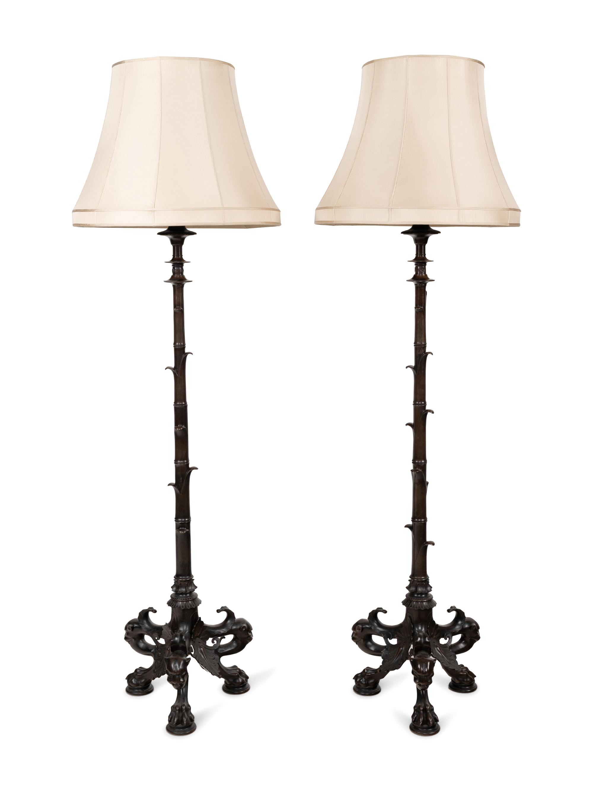 A Pair of French Neoclassical Patinated Bronze Torchères with Custom Silk Shades