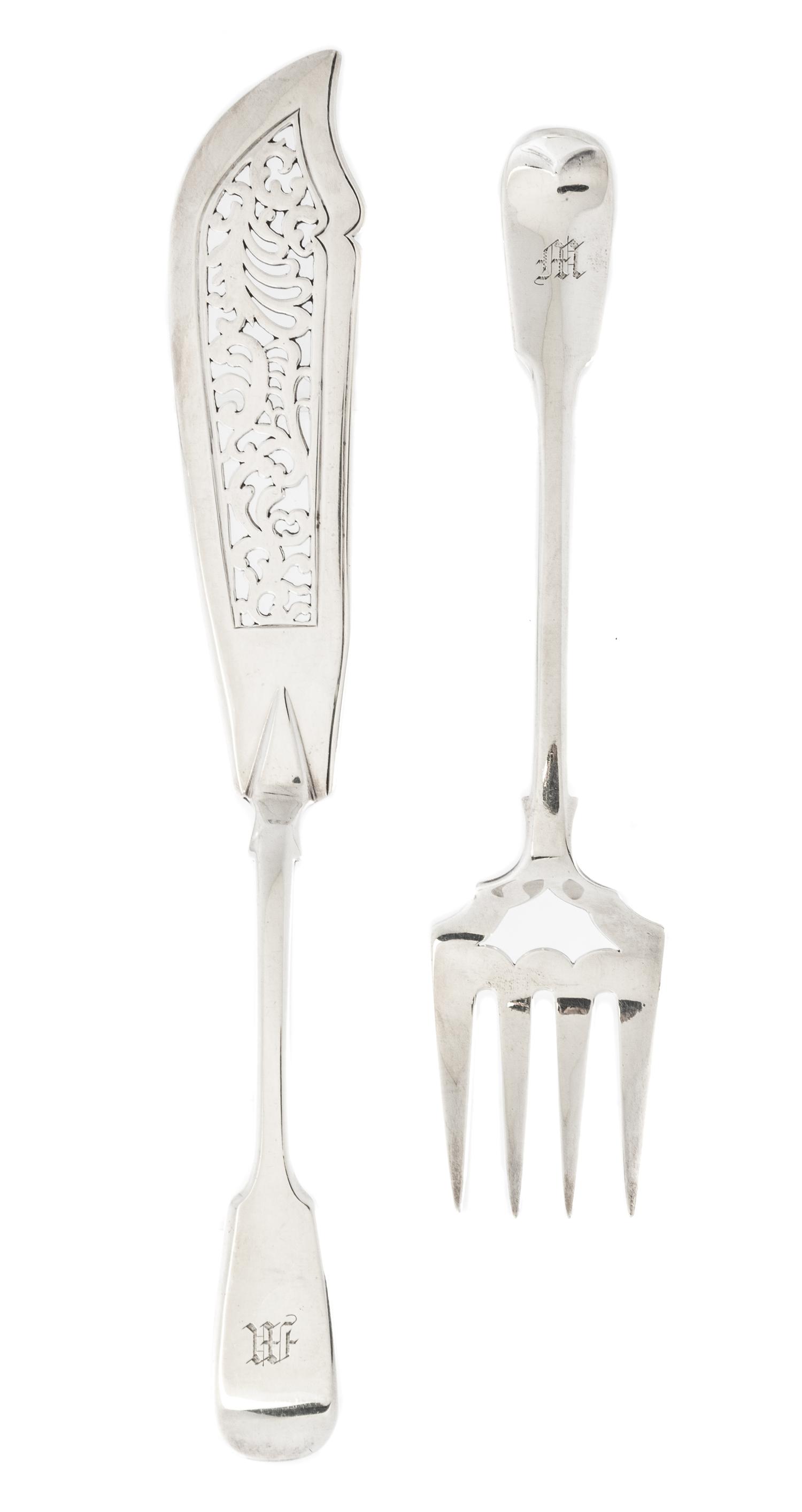 A Victorian Silver Fish Serving Set, George W. Adams, London, 1847, comprising a pierced knife and a serving fork, each with a fiddle a