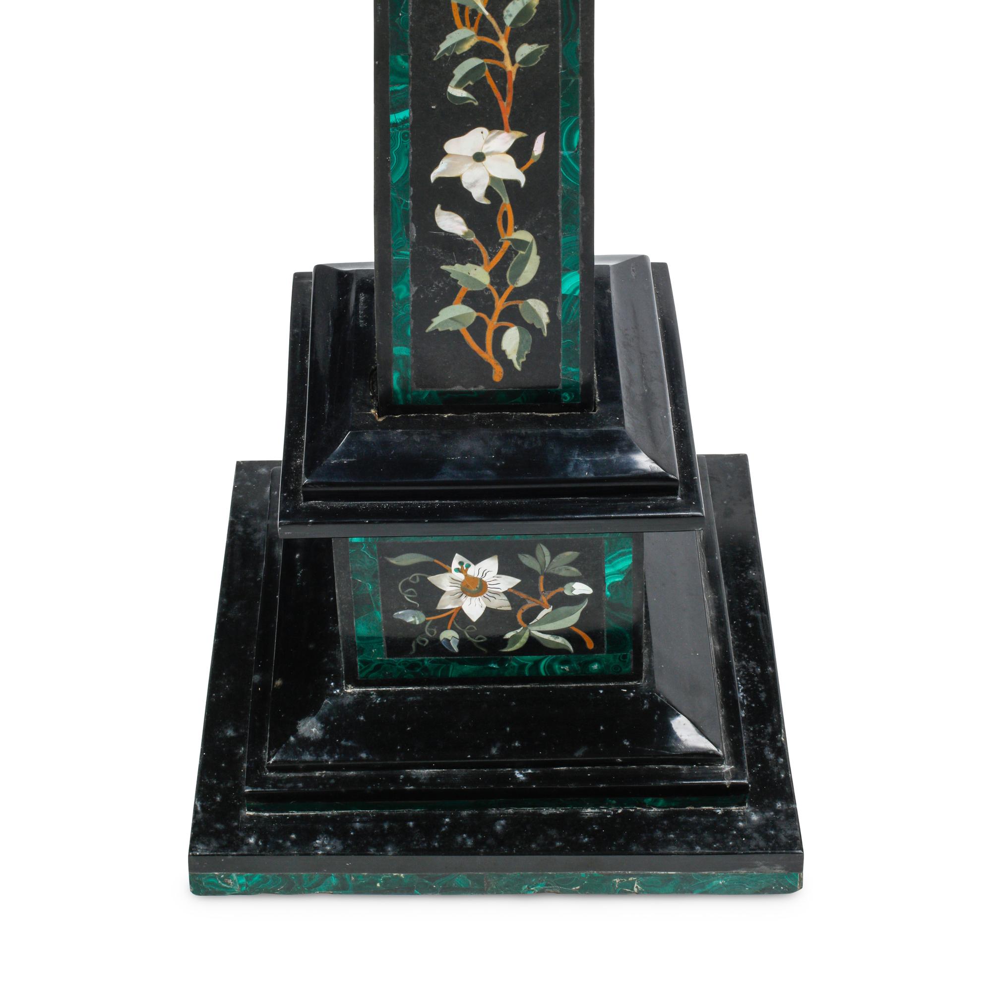 A Pair of Large Pietra Dura, Black Marble and Malachite Obelisks