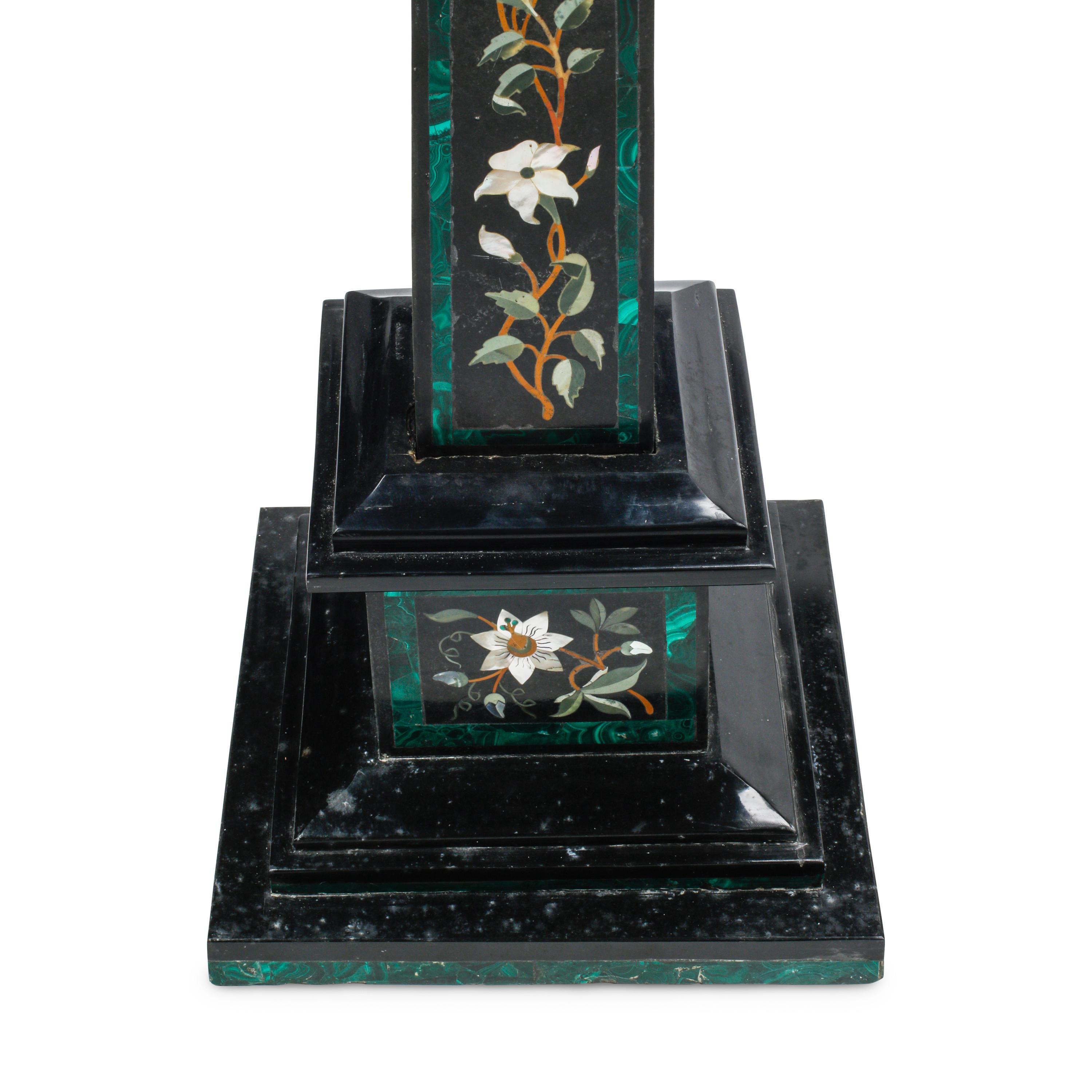 A Pair of Large Pietra Dura, Black Marble and Malachite Obelisks