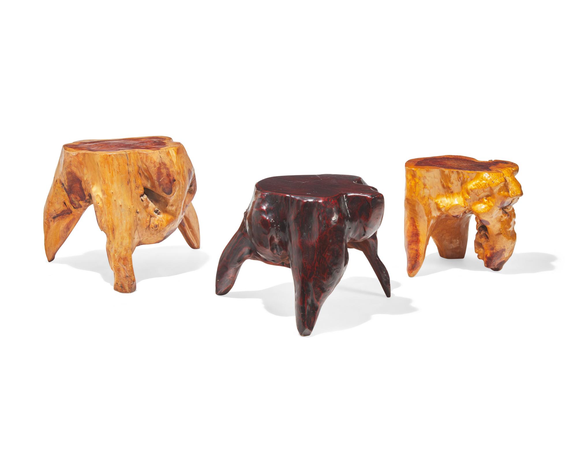 Set of three wooden stump stools