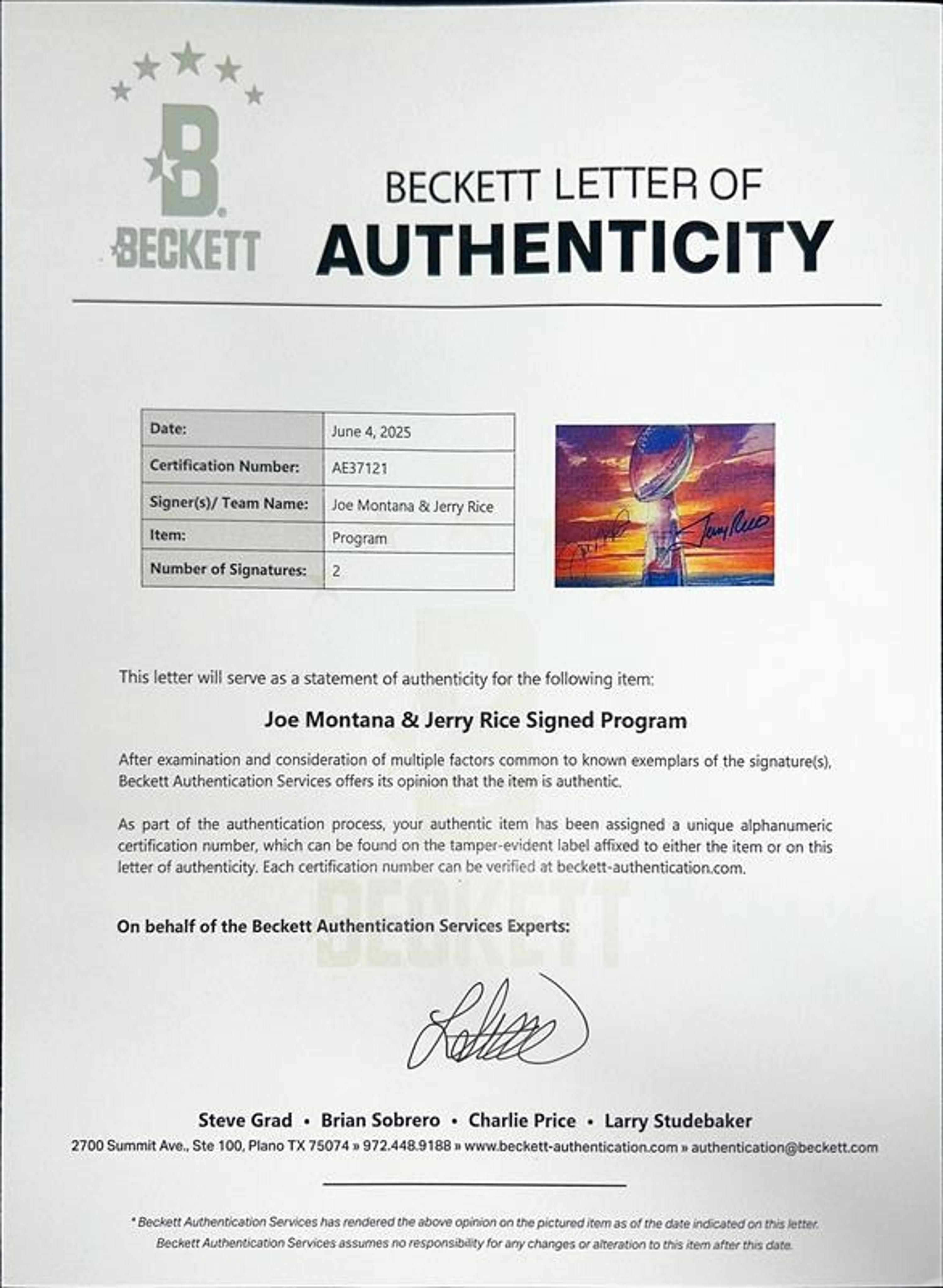 A Joe Montana and Jerry Rice Signed Autograph Super Bowl XXIII Game Program (Beckett Authentication Services Letter)