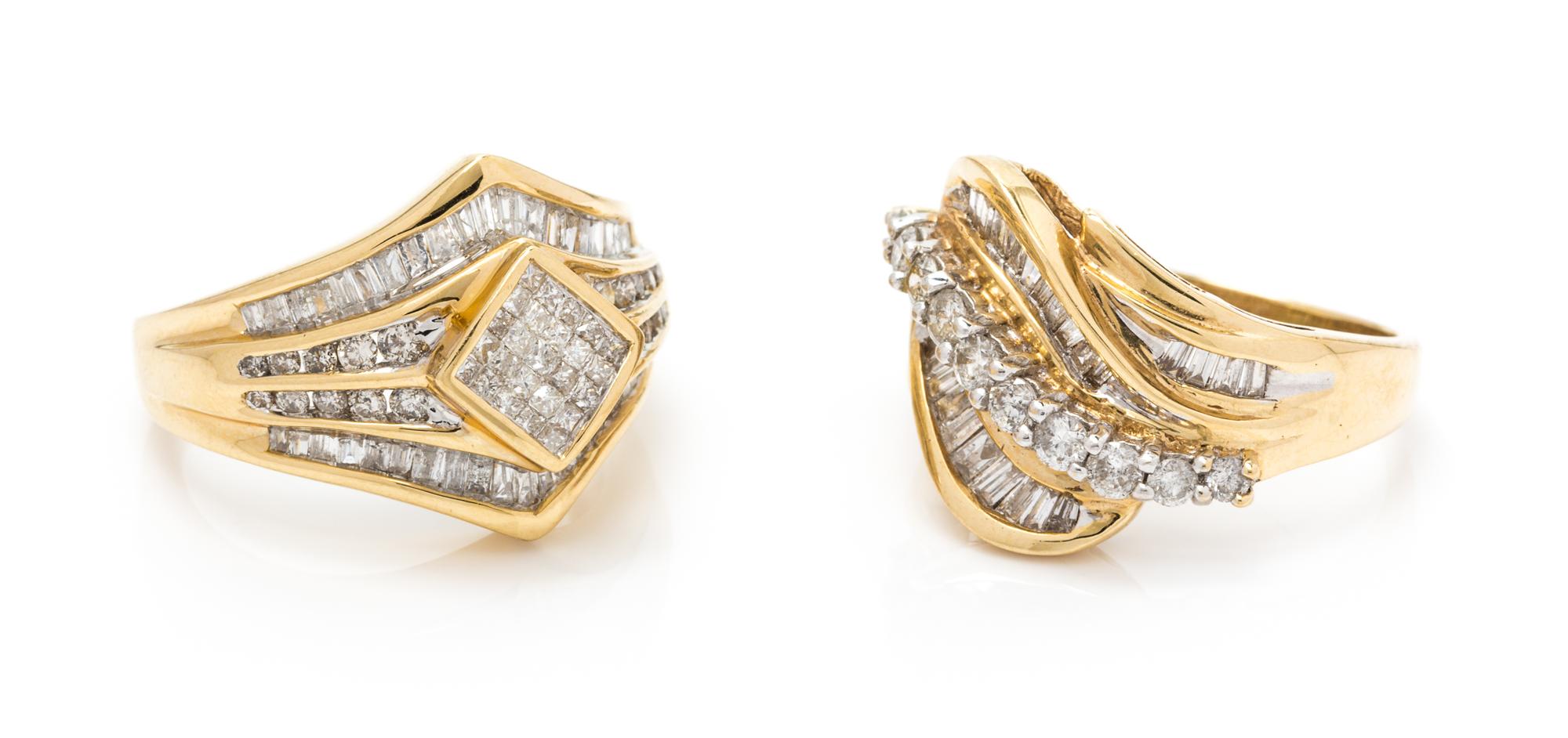 A Collection of 14 Karat Yellow Gold and Diamond Rings, 6.90 dwts.