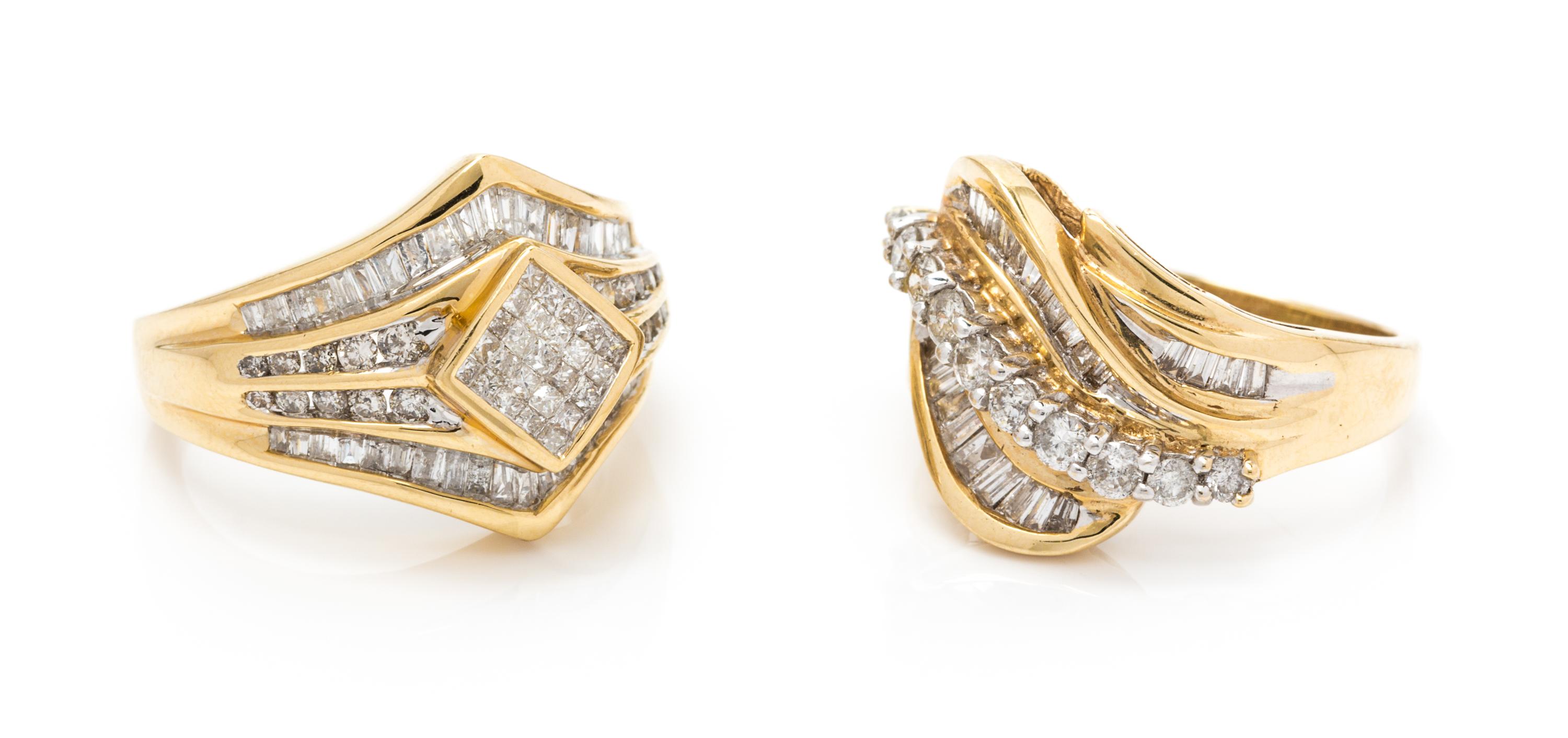 A Collection of 14 Karat Yellow Gold and Diamond Rings, 6.90 dwts.