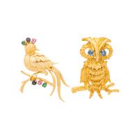 COLLECTION OF YELLOW GOLD AND MULTIGEM BIRD PINS
