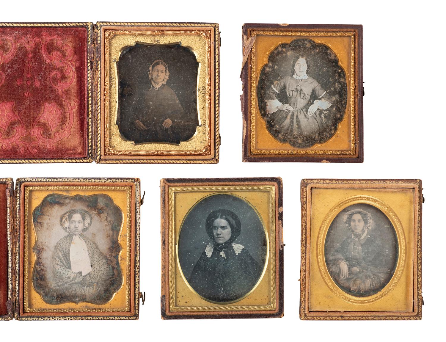 35 sixth plate daguerreotypes featuring women of varying ages.