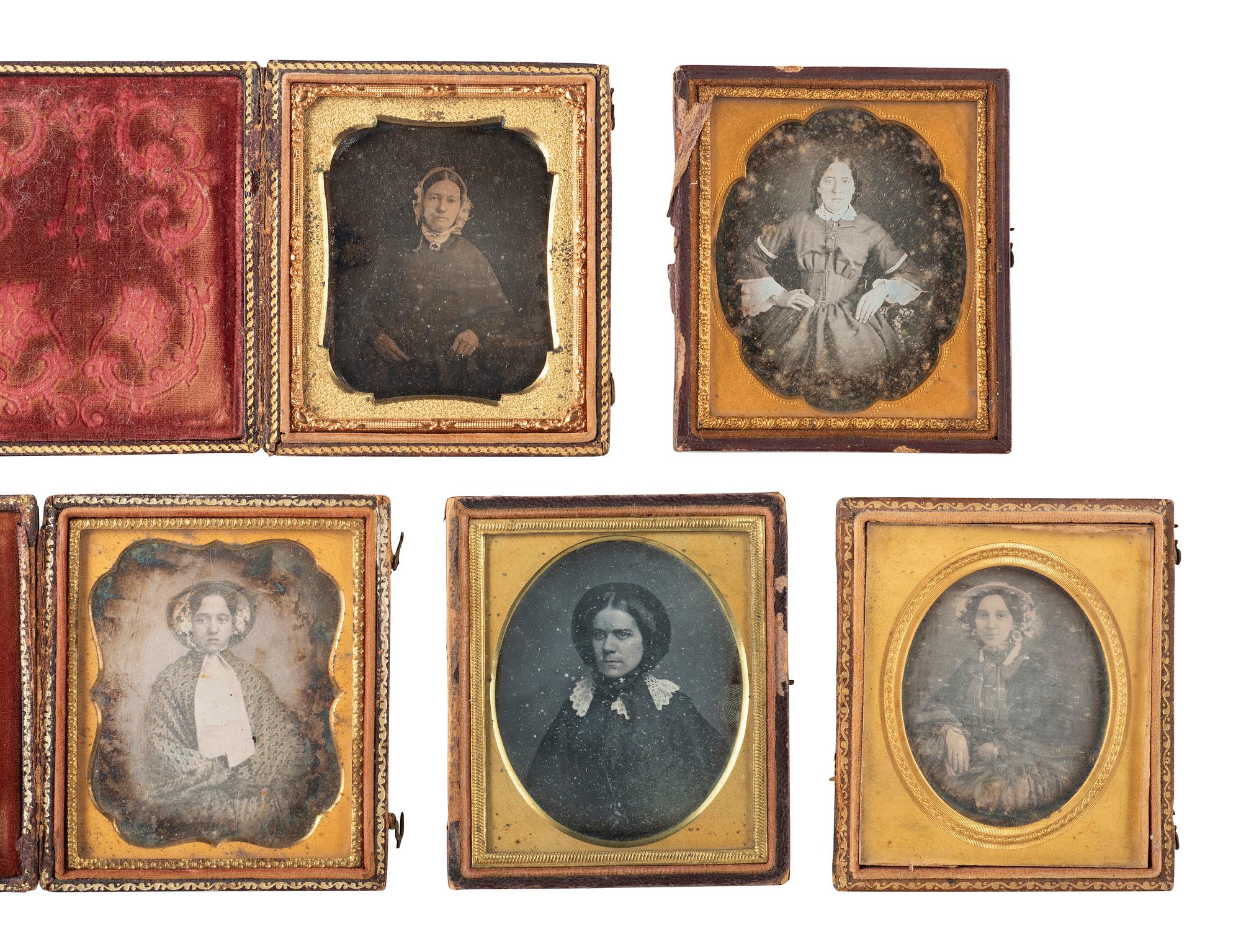 35 sixth plate daguerreotypes featuring women of varying ages.