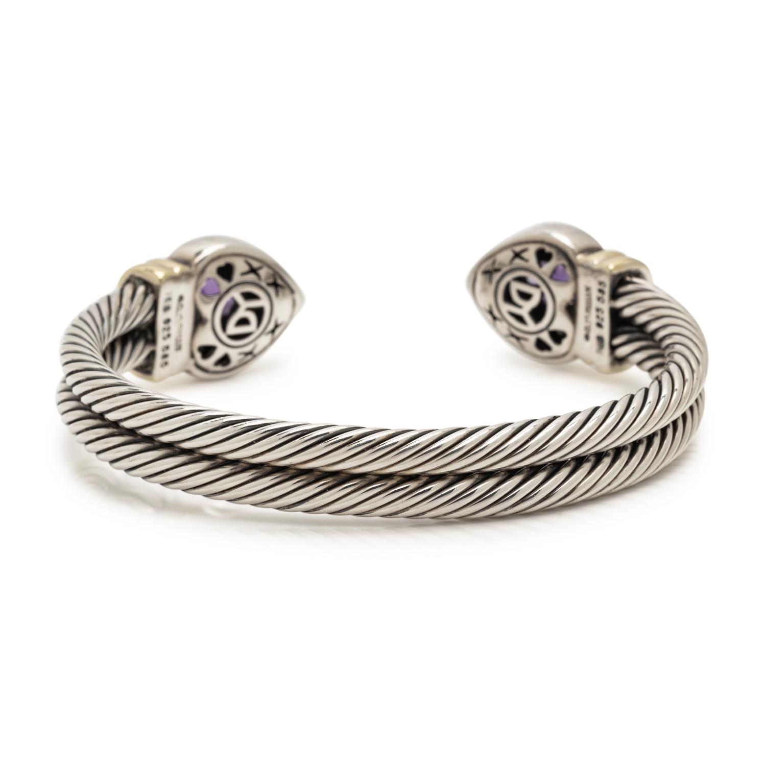DAVID YURMAN, STERLING SILVER, YELLOW GOLD AND AMETHYST 'DOUBLE CABLE HEART' CUFF BRACELET