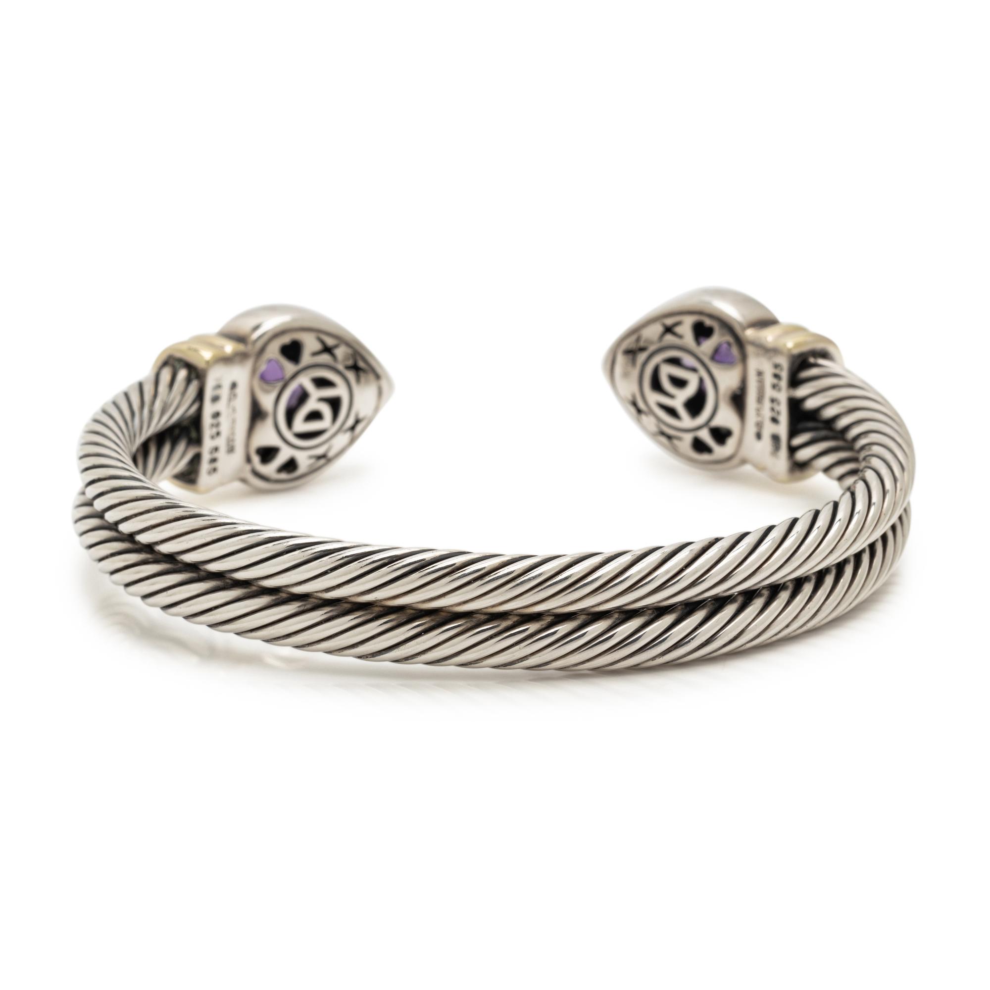 DAVID YURMAN, STERLING SILVER, YELLOW GOLD AND AMETHYST 'DOUBLE CABLE HEART' CUFF BRACELET