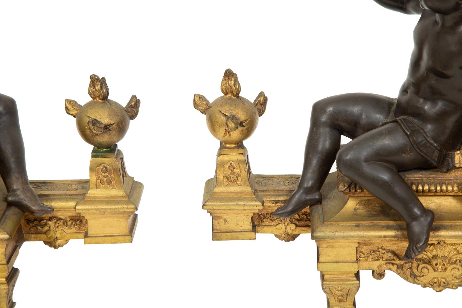 A Pair of French Gilt and Patinated Bronze Figural Chenets Mounted as Lamps