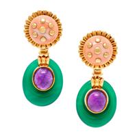 A Pair of 18 Karat Yellow Gold, Coral, Amethyst and Chalcedony Earclips, David Webb, 34.70 dwts.
