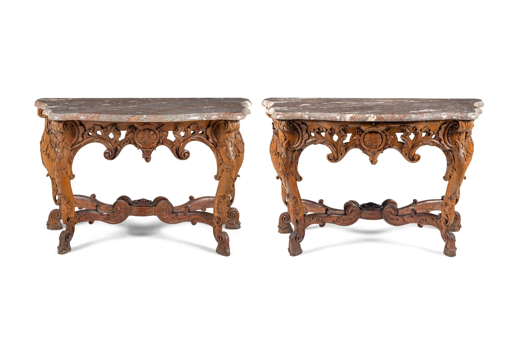 A Pair of Régence Carved Oak Marble-Top Console Tables