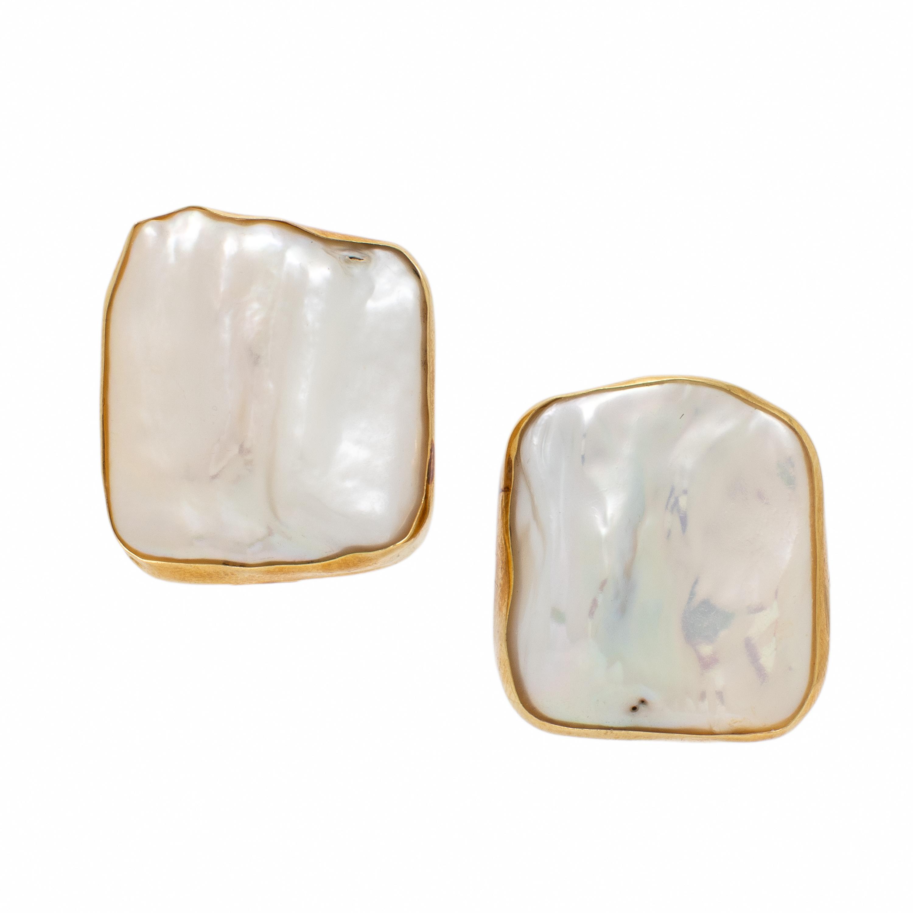 Cultured Biwa Pearl and Yellow Gold Earrings