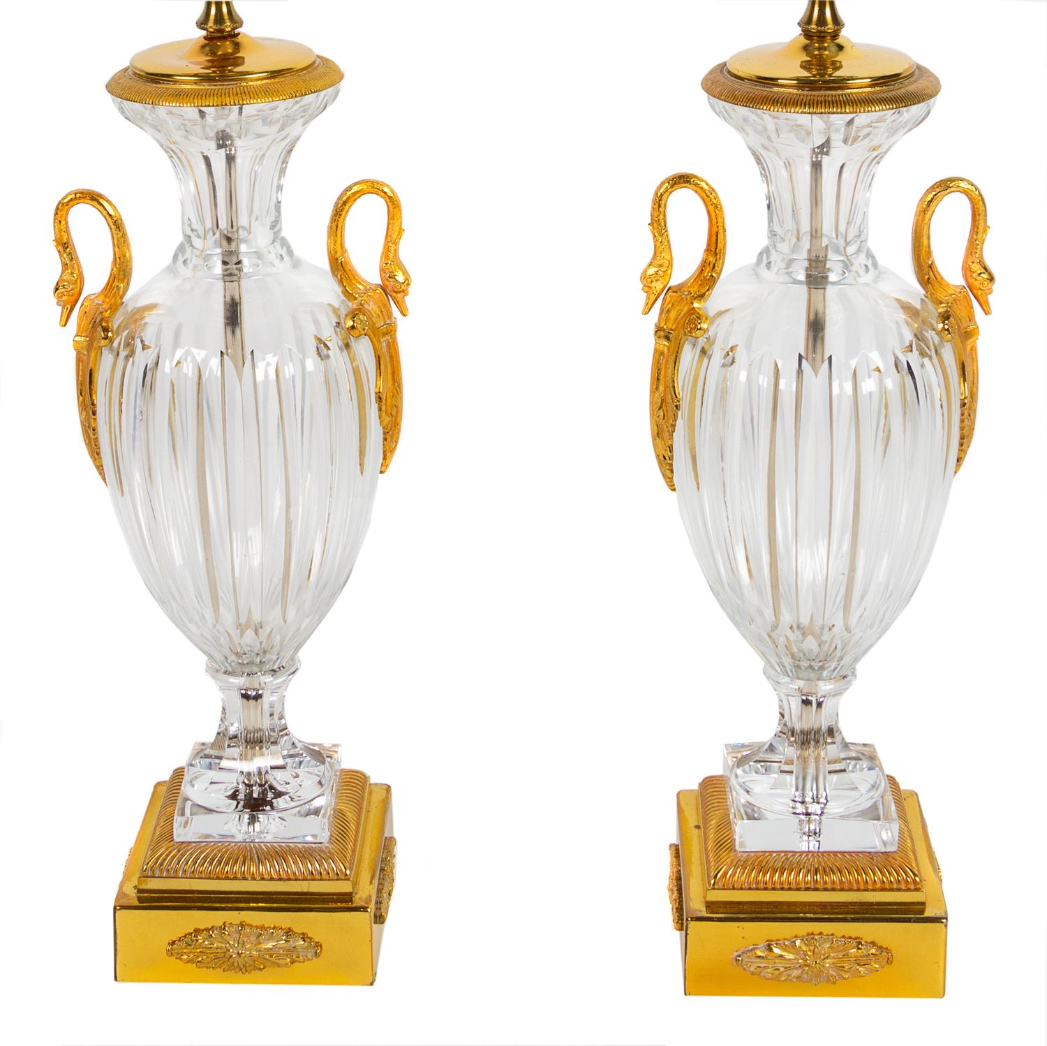 A Pair of Empire Style Gilt Bronze Mounted Cut Glass Urns Mounted as Lamps Height overall 33 inches. — LATE 19TH CENTURY
