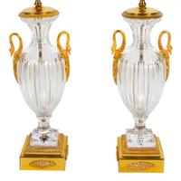 A Pair of Empire Style Gilt Bronze Mounted Cut Glass Urns Mounted as Lamps Height overall 33 inches. — LATE 19TH CENTURY