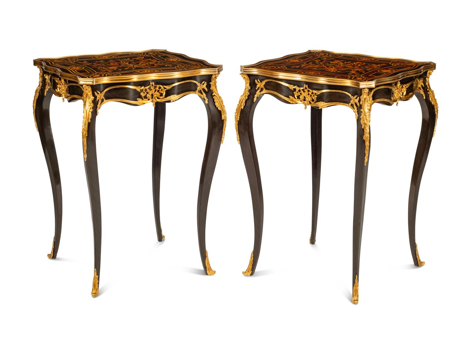A Pair of Louis XV Style Gilt Bronze Mounted Marquetry Side Tables