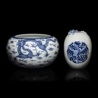 Two Chinese Blue and White Porcelain Globular Brush Washers, 20th Century — 近代 青花龍鳳紋水盂兩件