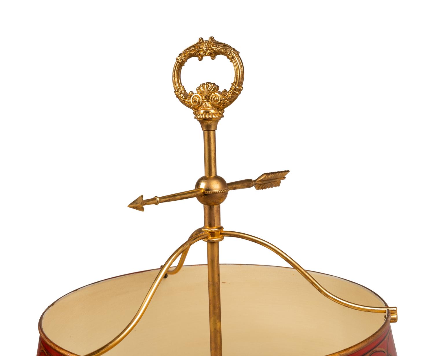 A Pair of Empire Style Gilt Metal and Painted Tôle Bouillotte Lamps
