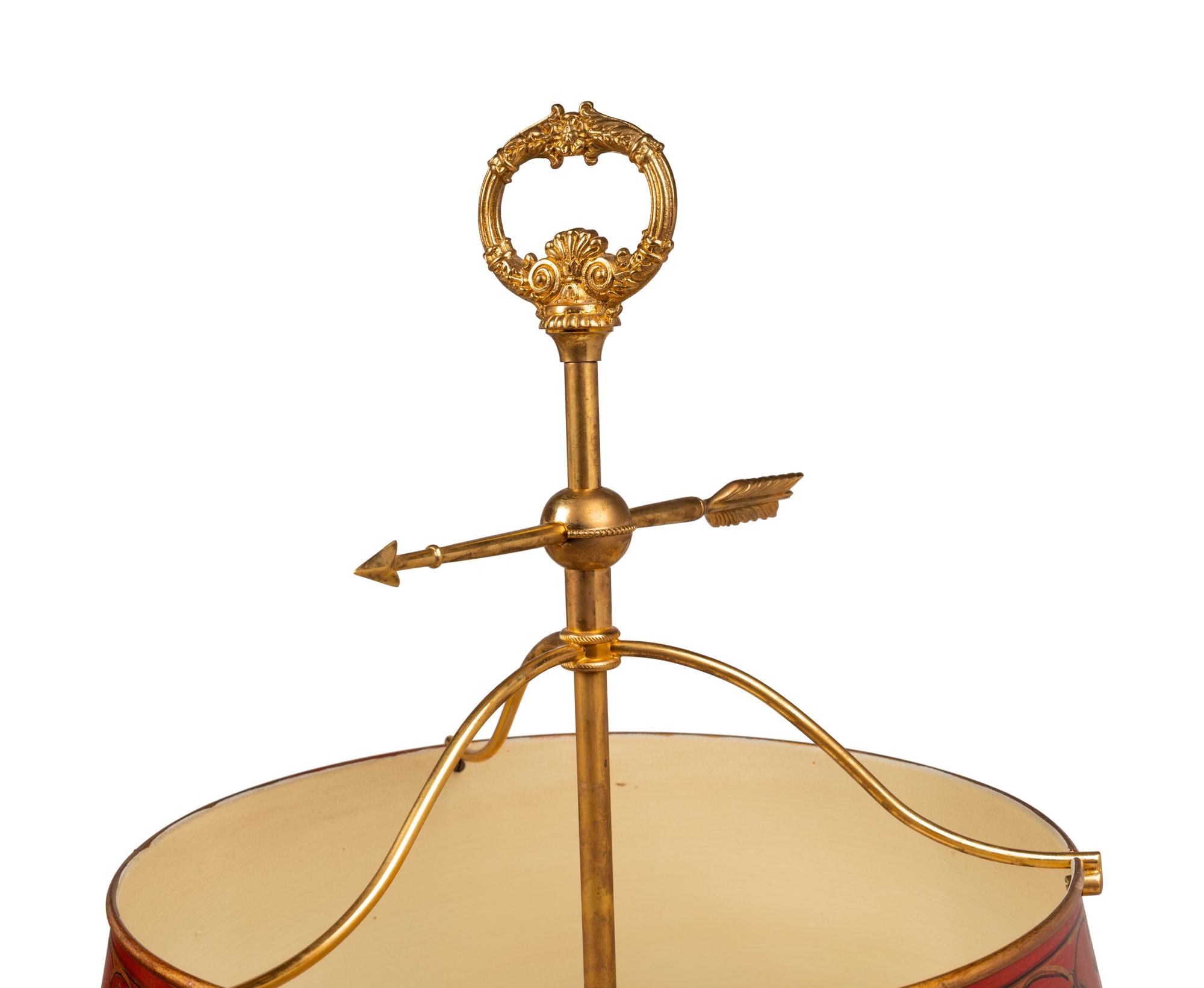 A Pair of Empire Style Gilt Metal and Painted Tôle Bouillotte Lamps