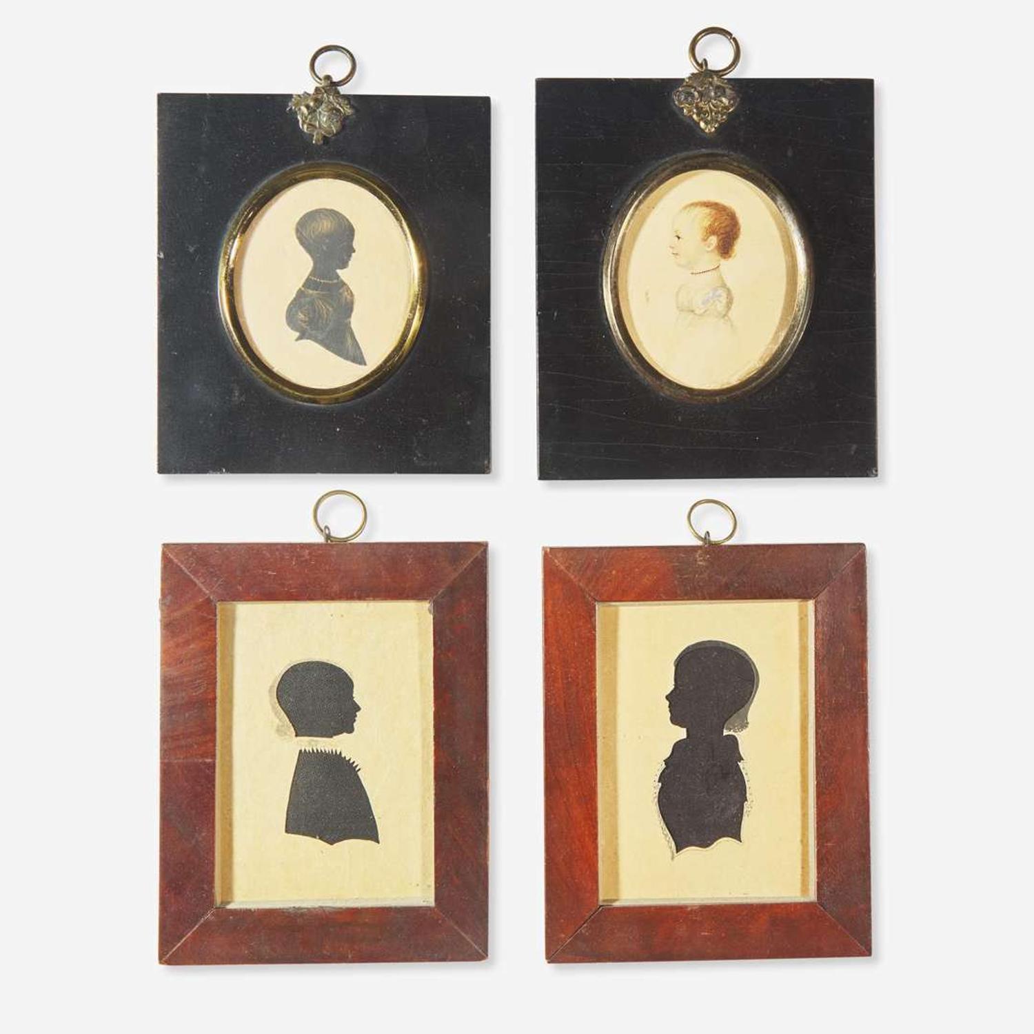 A group of three silhouettes and one portrait miniature of children 19th century