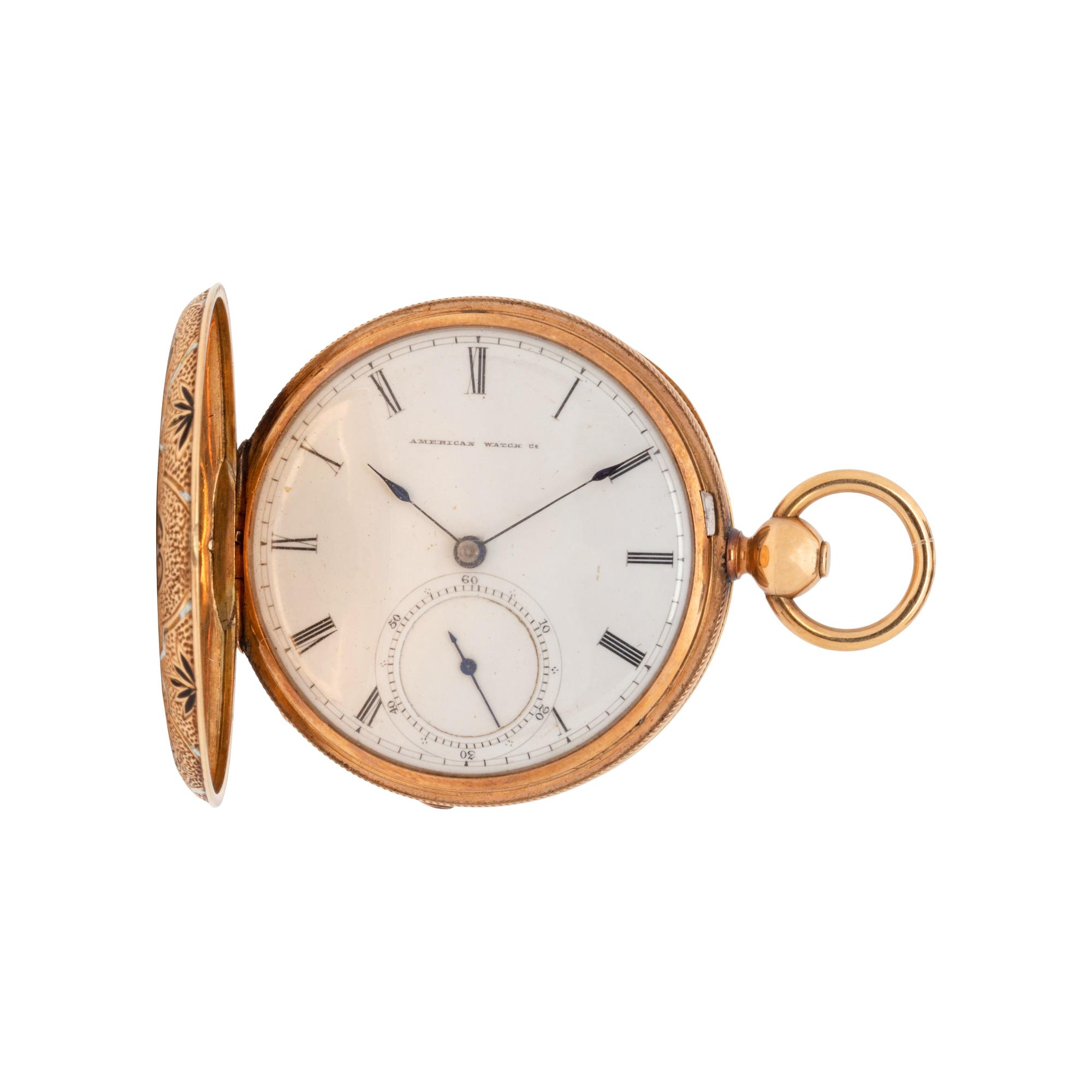GOLD-FILLED AND ENAMEL HUNTER CASE POCKET WATCH