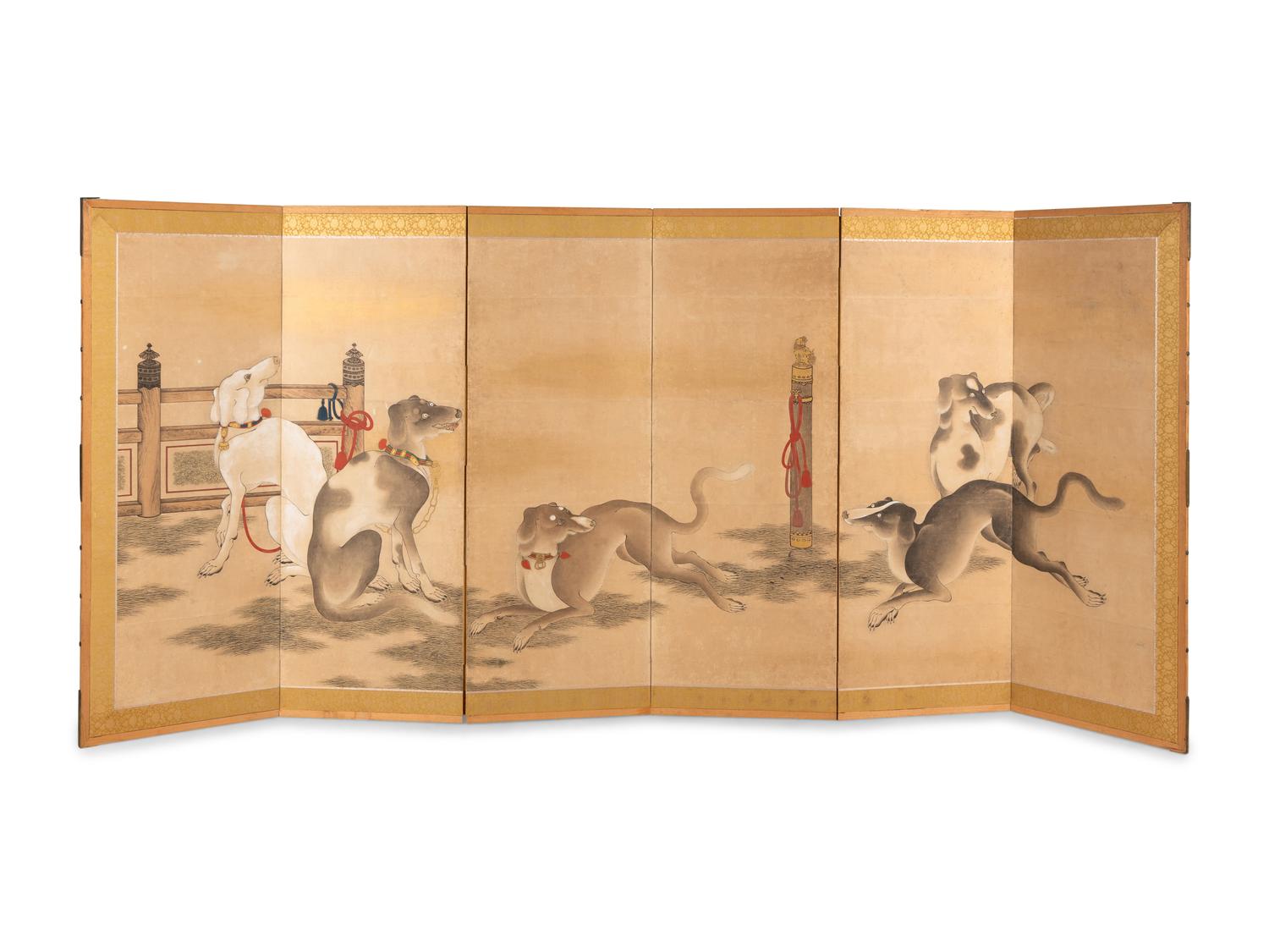 Possibly Unkoku School, Edo Period (1615-1868) 江戶時代 雲谷派“五犬圖”六扇屏風