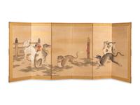 Possibly Unkoku School, Edo Period (1615-1868) 江戶時代 雲谷派“五犬圖”六扇屏風