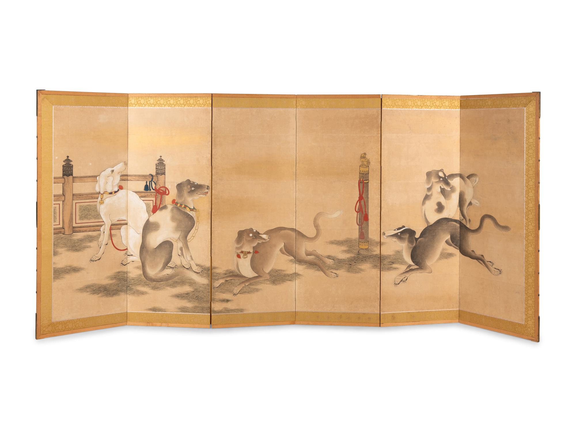 Possibly Unkoku School, Edo Period (1615-1868) 江戶時代 雲谷派“五犬圖”六扇屏風