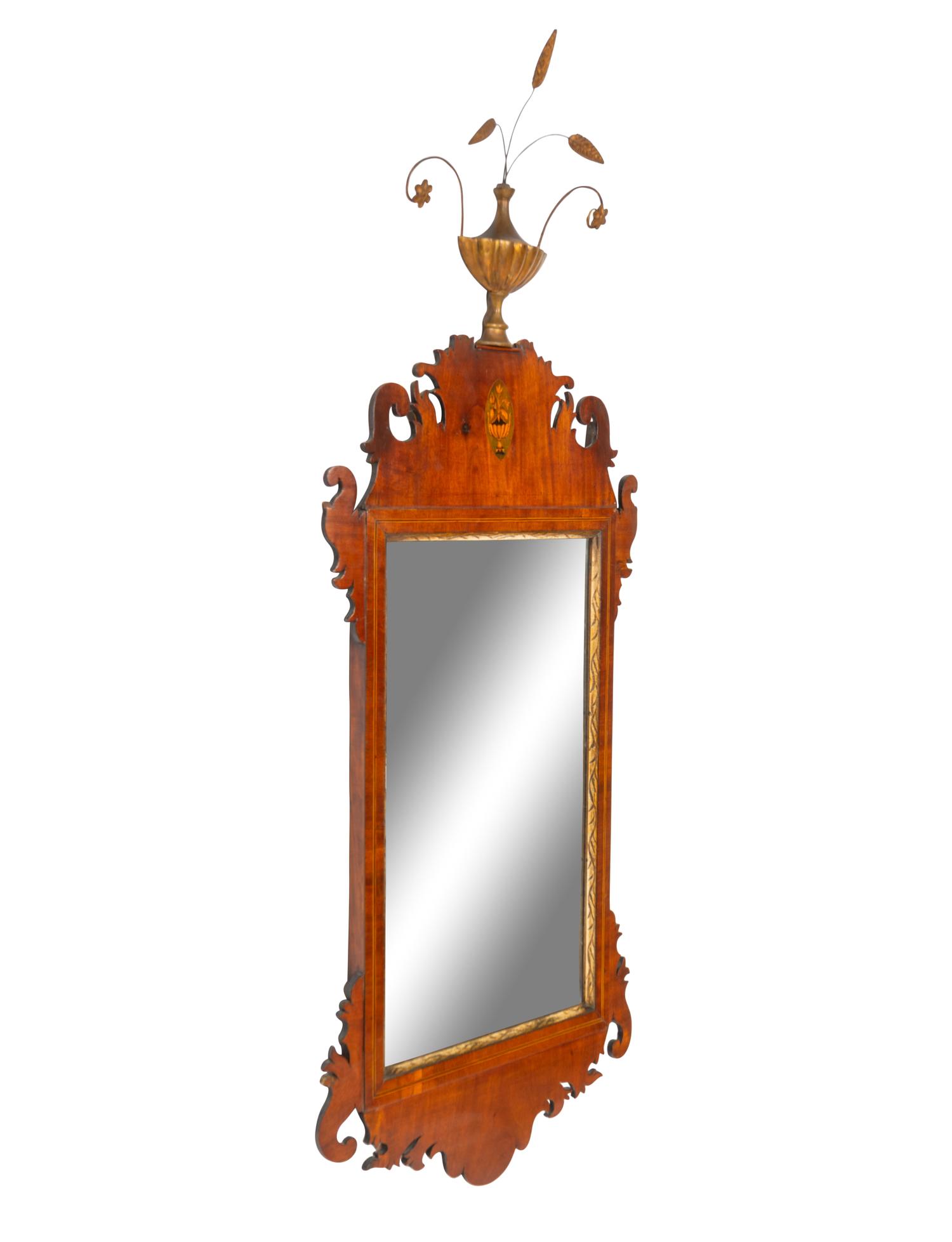 A Federal Parcel-Gilt Mahogany and Marquetry Looking Glass