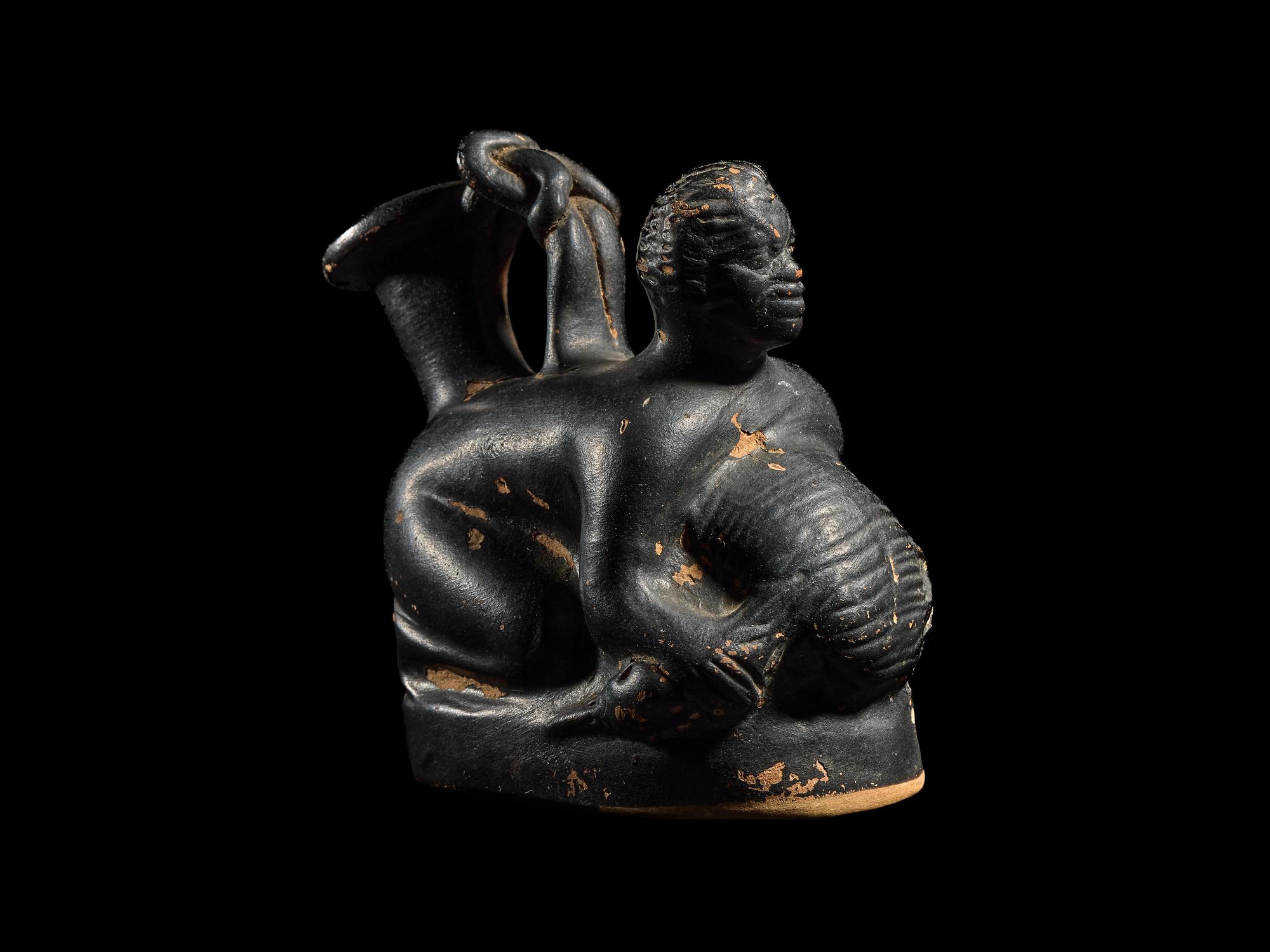 A Campanian Black-Glazed Askos in the Form of a Pygmy and Crane