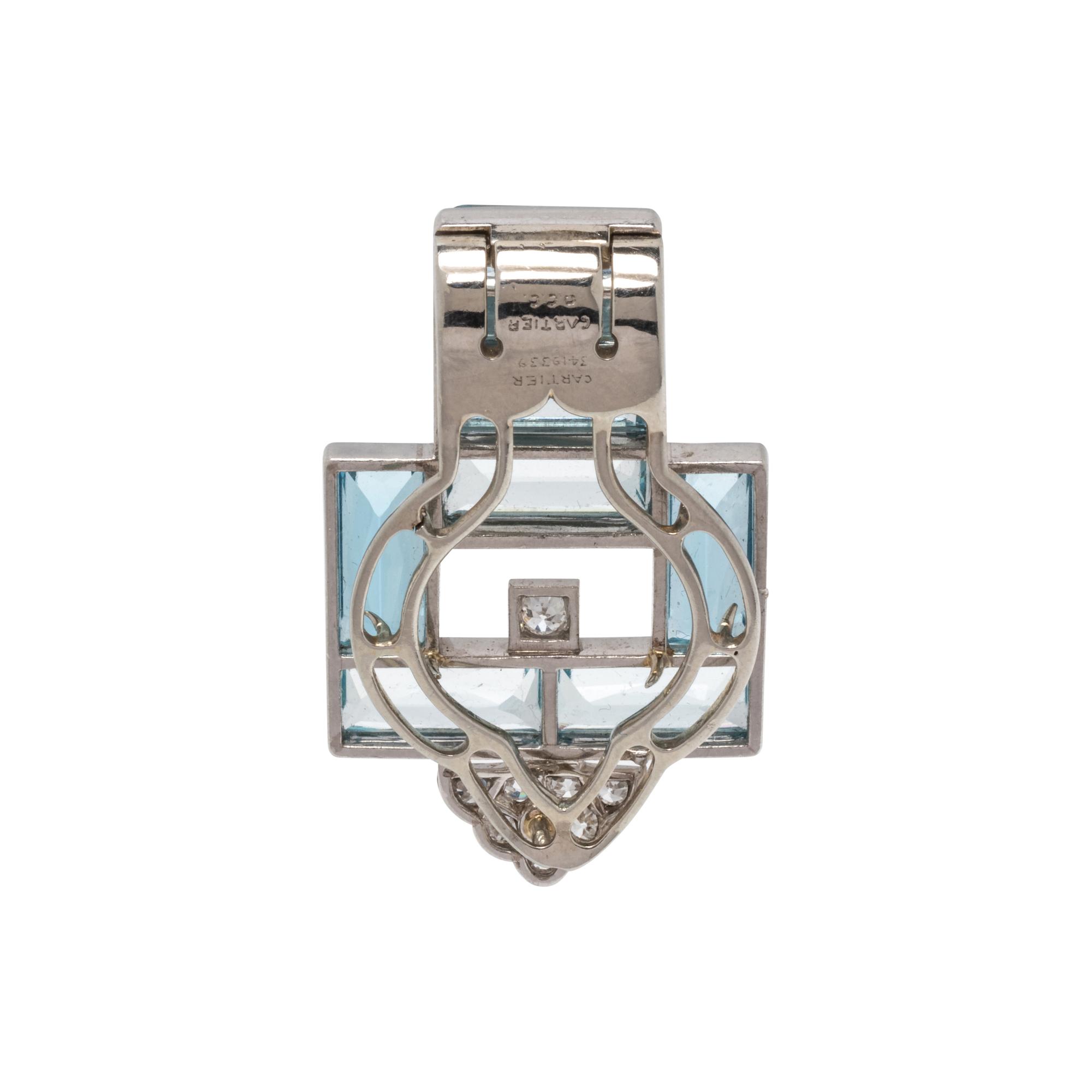 CARTIER, ART DECO, AQUAMARINE AND DIAMOND CLIP BROOCH