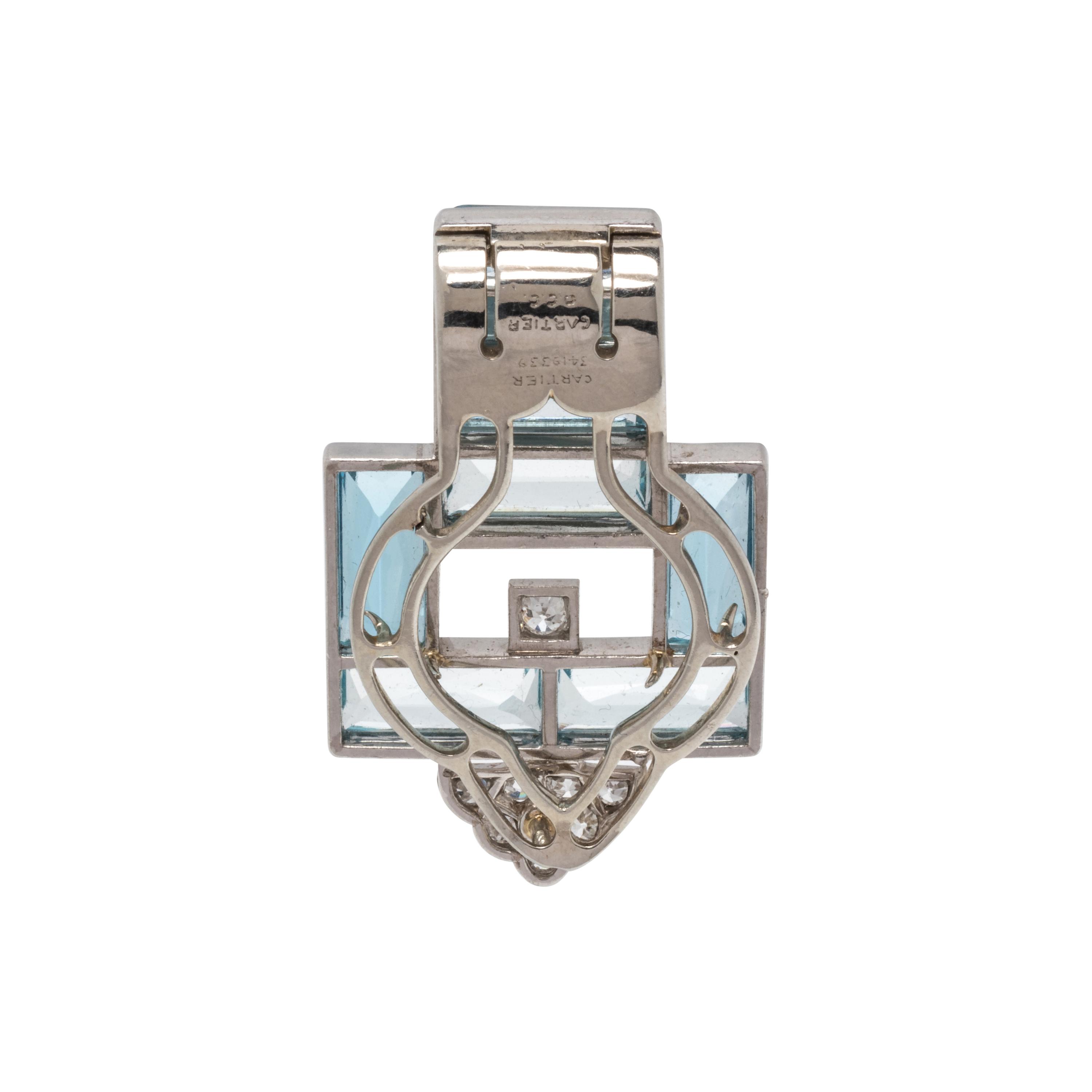CARTIER, ART DECO, AQUAMARINE AND DIAMOND CLIP BROOCH