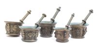 A Group of Five Mortar and Pestles Height of mortar 5 1/2 inches.