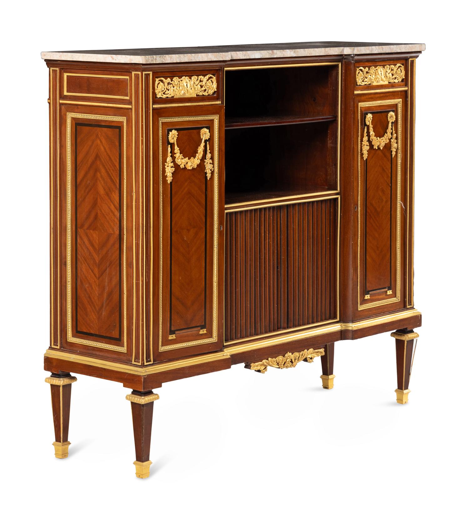 A Louis XVI Style Gilt Bronze Mounted Mahogany Marble-Top Cabinet