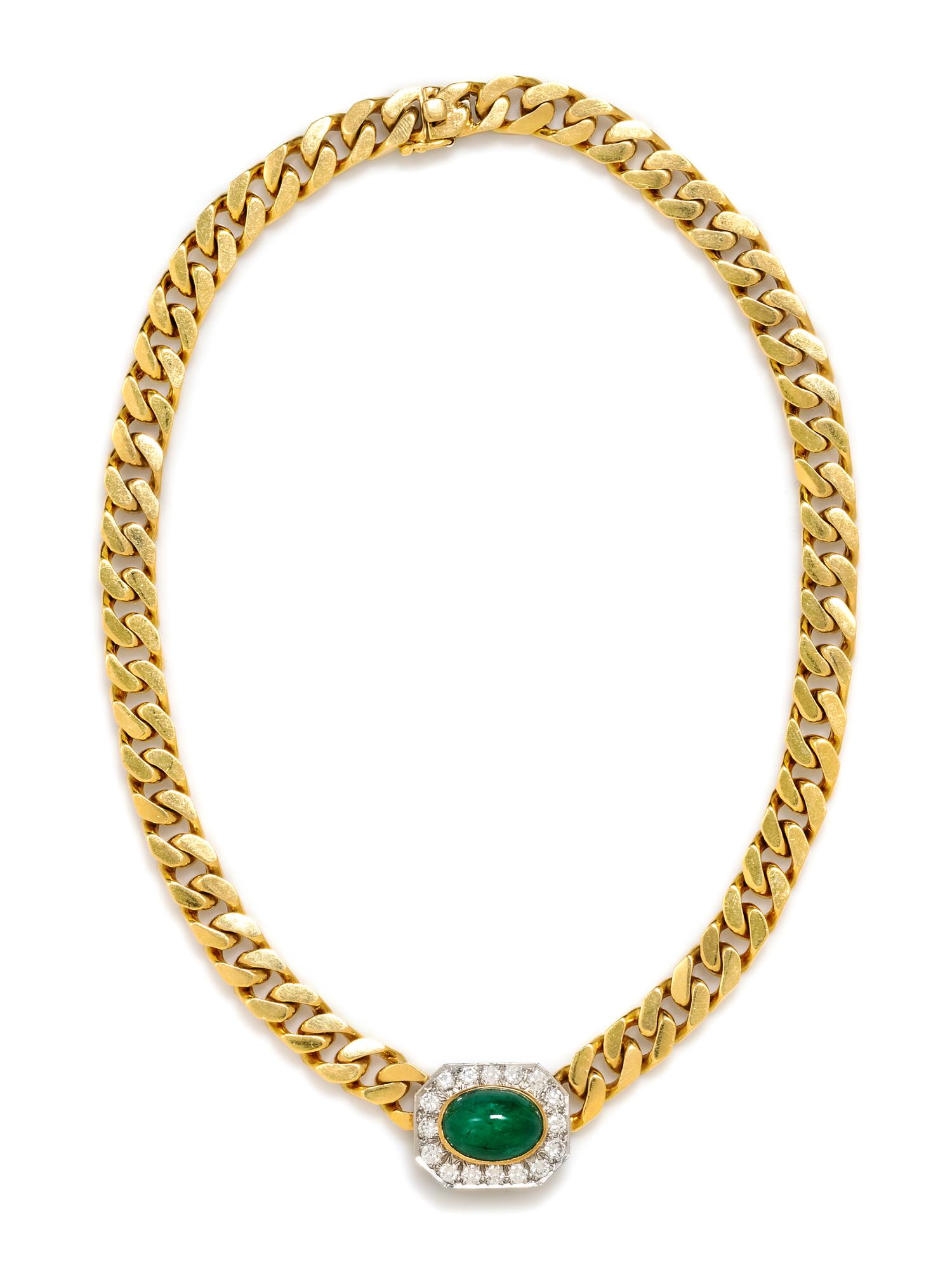 An 18 Karat Yellow Gold, Platinum, Emerald and Diamond Necklace, 66.00 dwts.