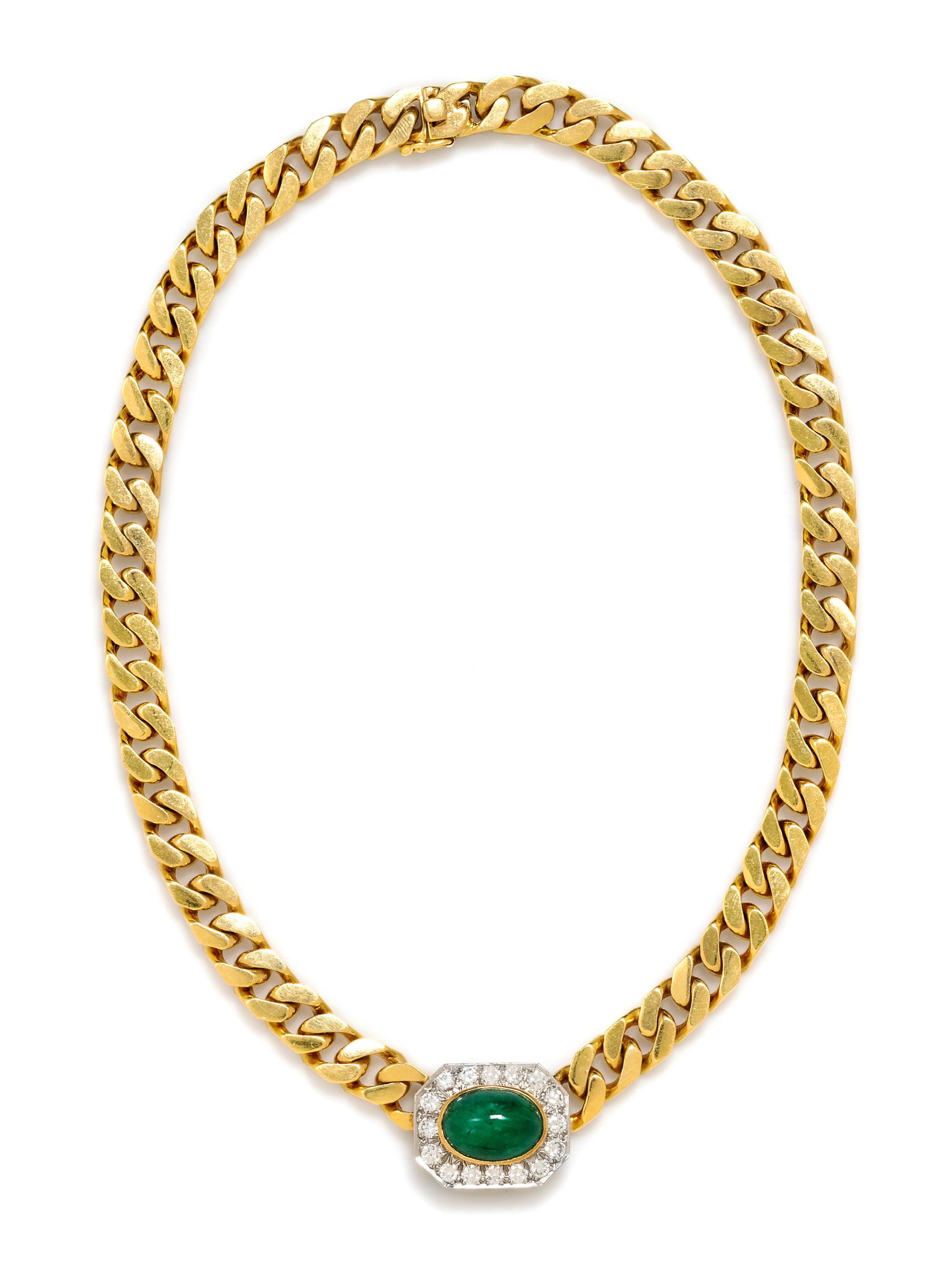 An 18 Karat Yellow Gold, Platinum, Emerald and Diamond Necklace, 66.00 dwts.