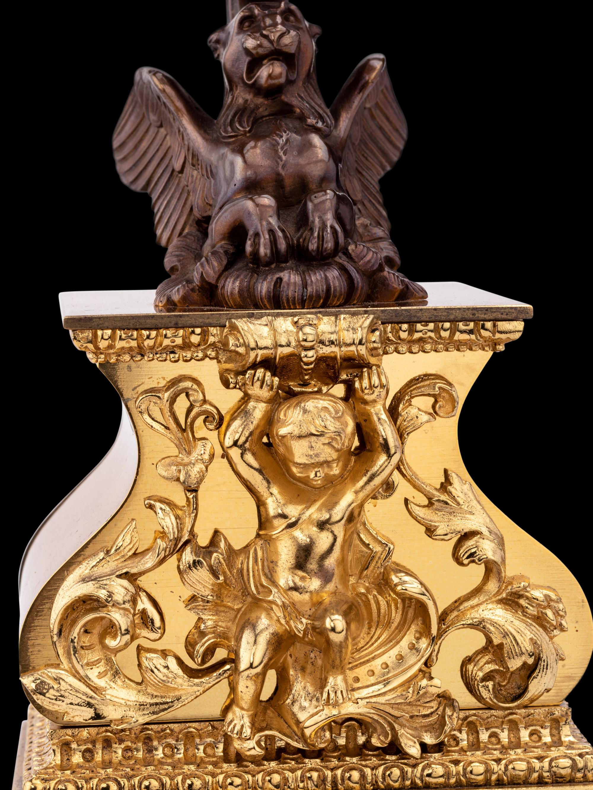 A French Gilt and Patinated Bronze Mystery Clock, with Wood Base, Attributed to Jean Eugene Robert Houdin