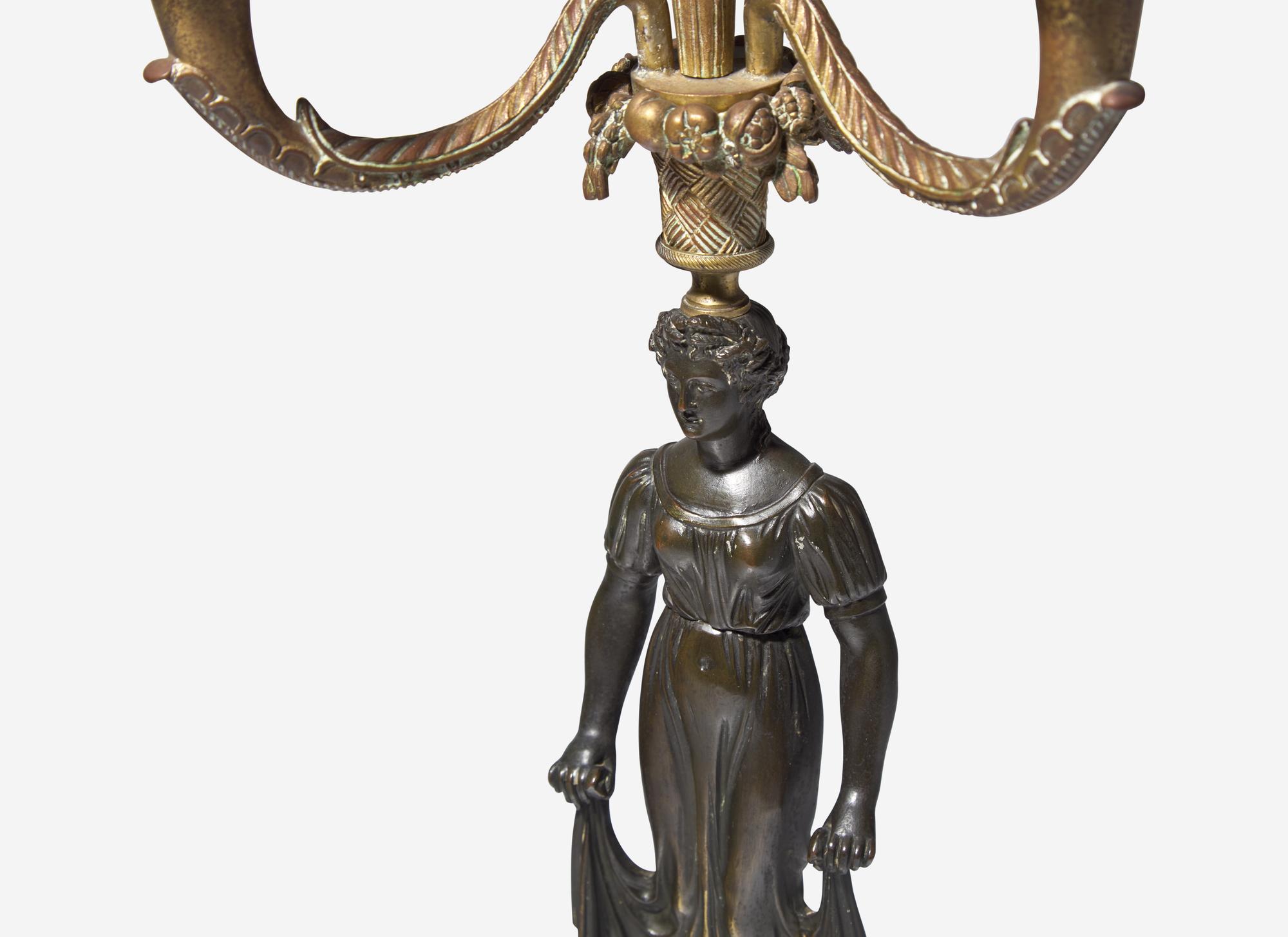 A Pair of Regency Gilt and Patinated Bronze Figural Three-Light Candelabra