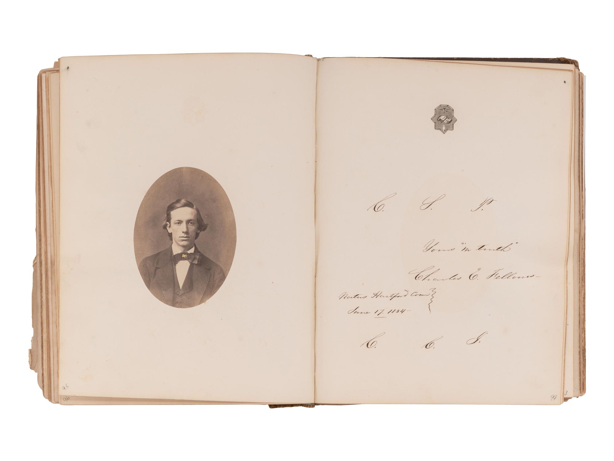 [EARLY PHOTOGRAPHY]. Trio of Yale albums, dated 1856, 1860, & 1868, ft. individual and group portraits, scenes around campus, and inscriptions from classmates incl. many soldiers.