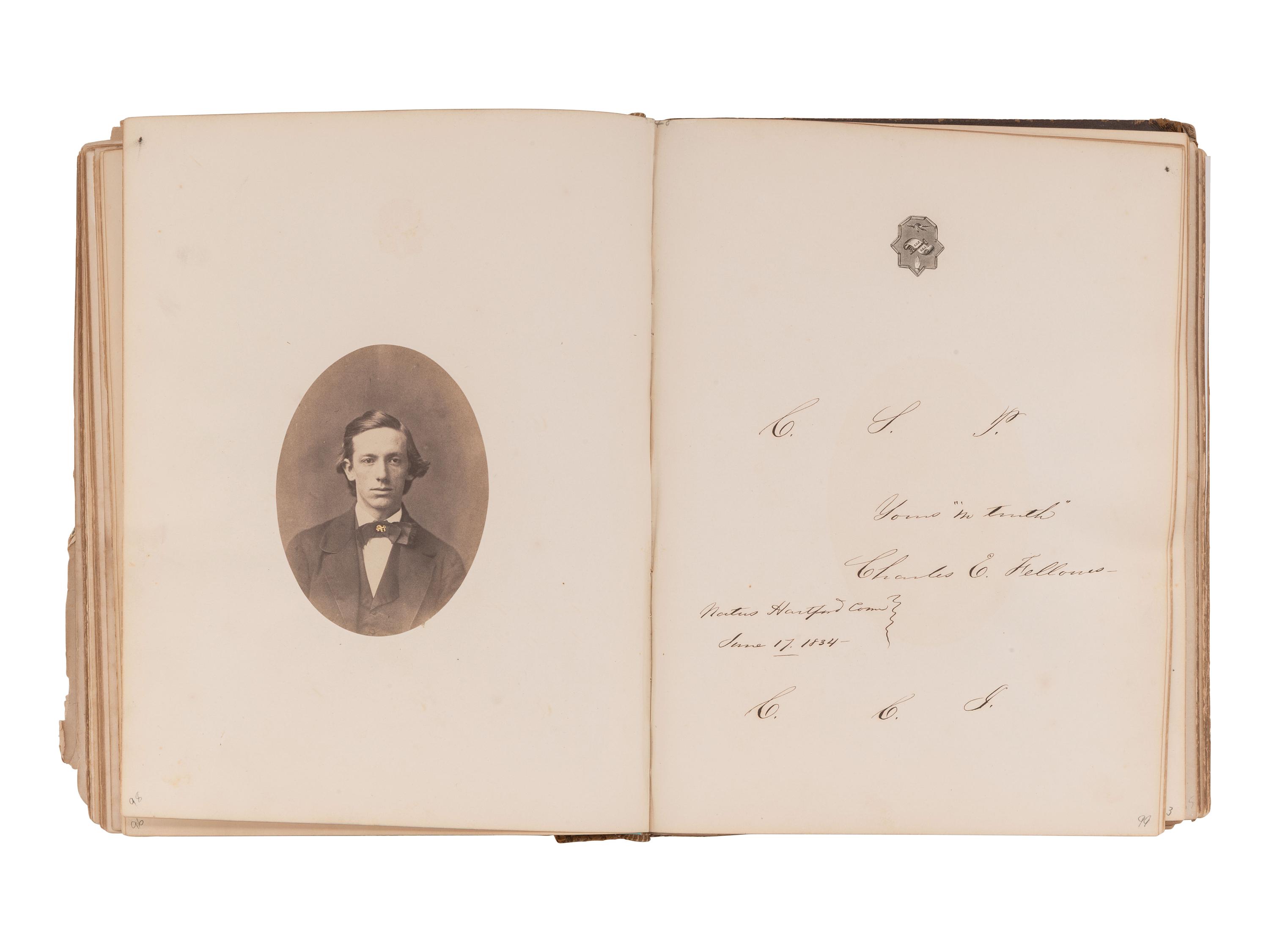 [EARLY PHOTOGRAPHY]. Trio of Yale albums, dated 1856, 1860, & 1868, ft. individual and group portraits, scenes around campus, and inscriptions from classmates incl. many soldiers.