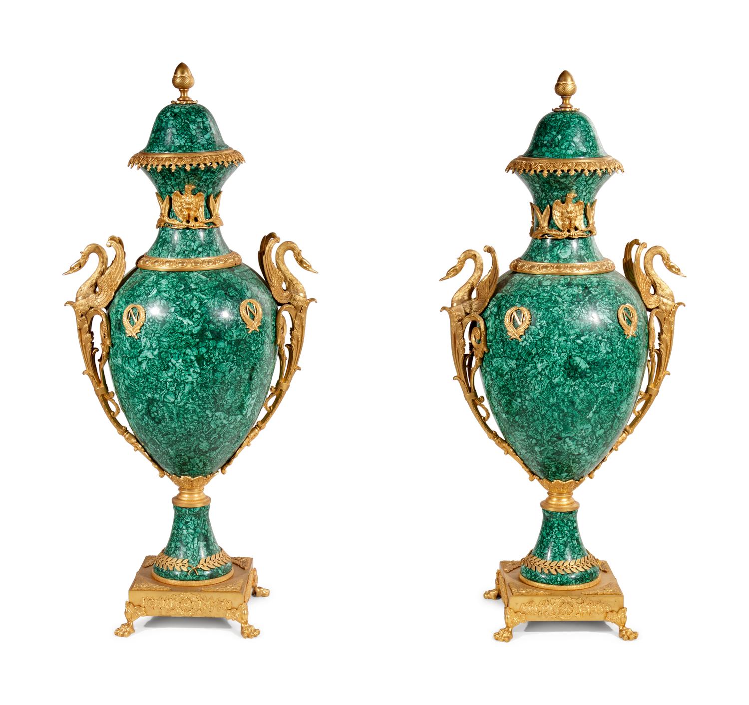 A Pair of Empire Style Gilt Bronze Mounted Malachite Veneered Urns