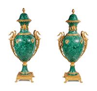 A Pair of Empire Style Gilt Bronze Mounted Malachite Veneered Urns