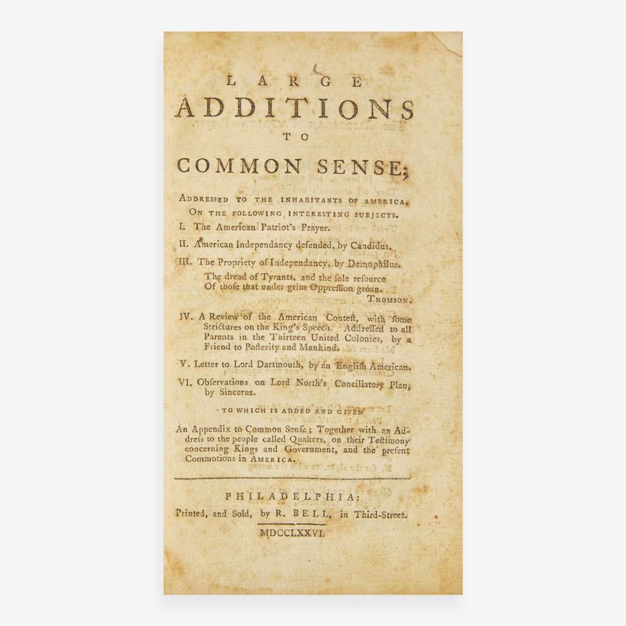 [Americana] (Paine, Thomas, et al.) Common Sense; Addressed to the Inhabitants of America…