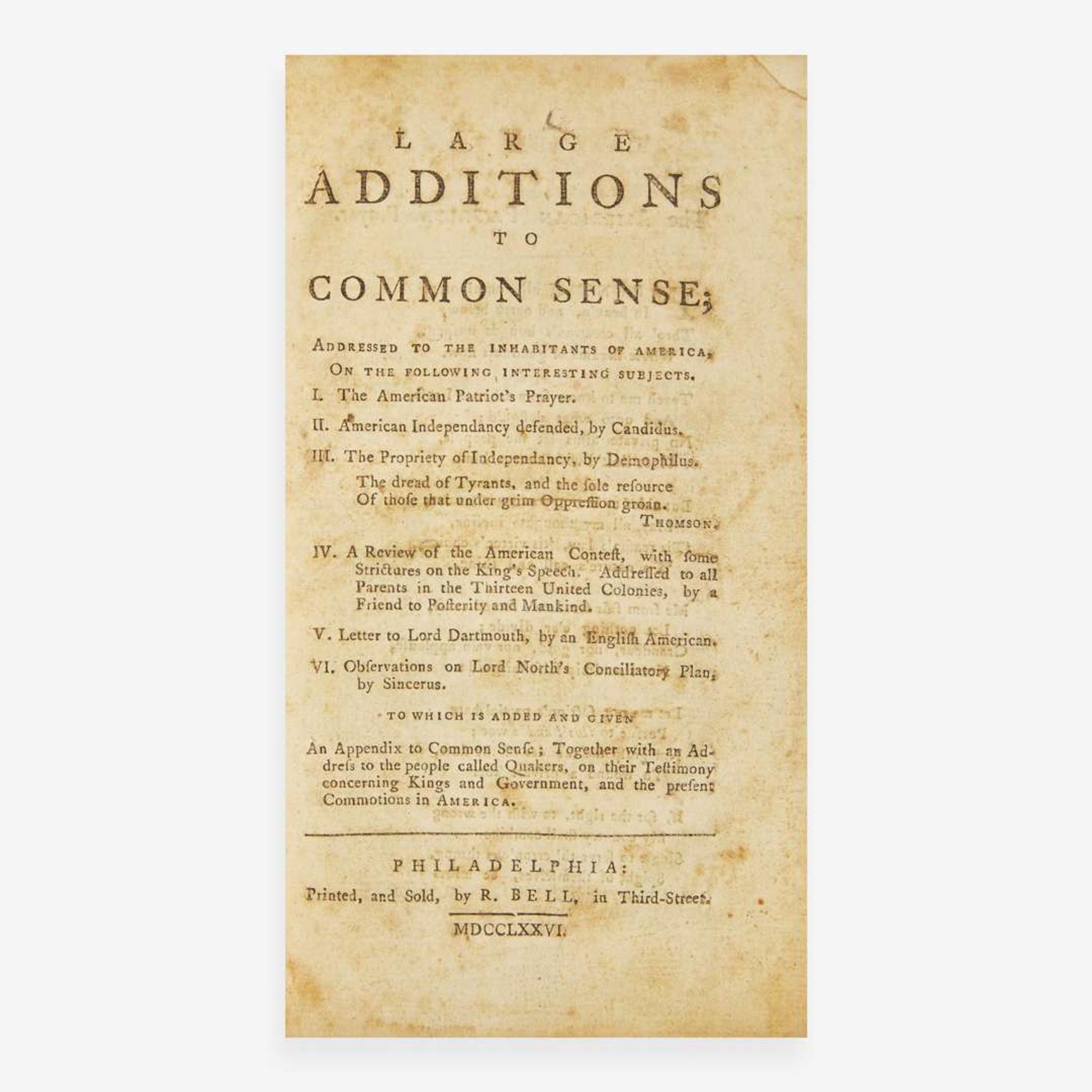 [Americana] (Paine, Thomas, et al.) Common Sense; Addressed to the Inhabitants of America…