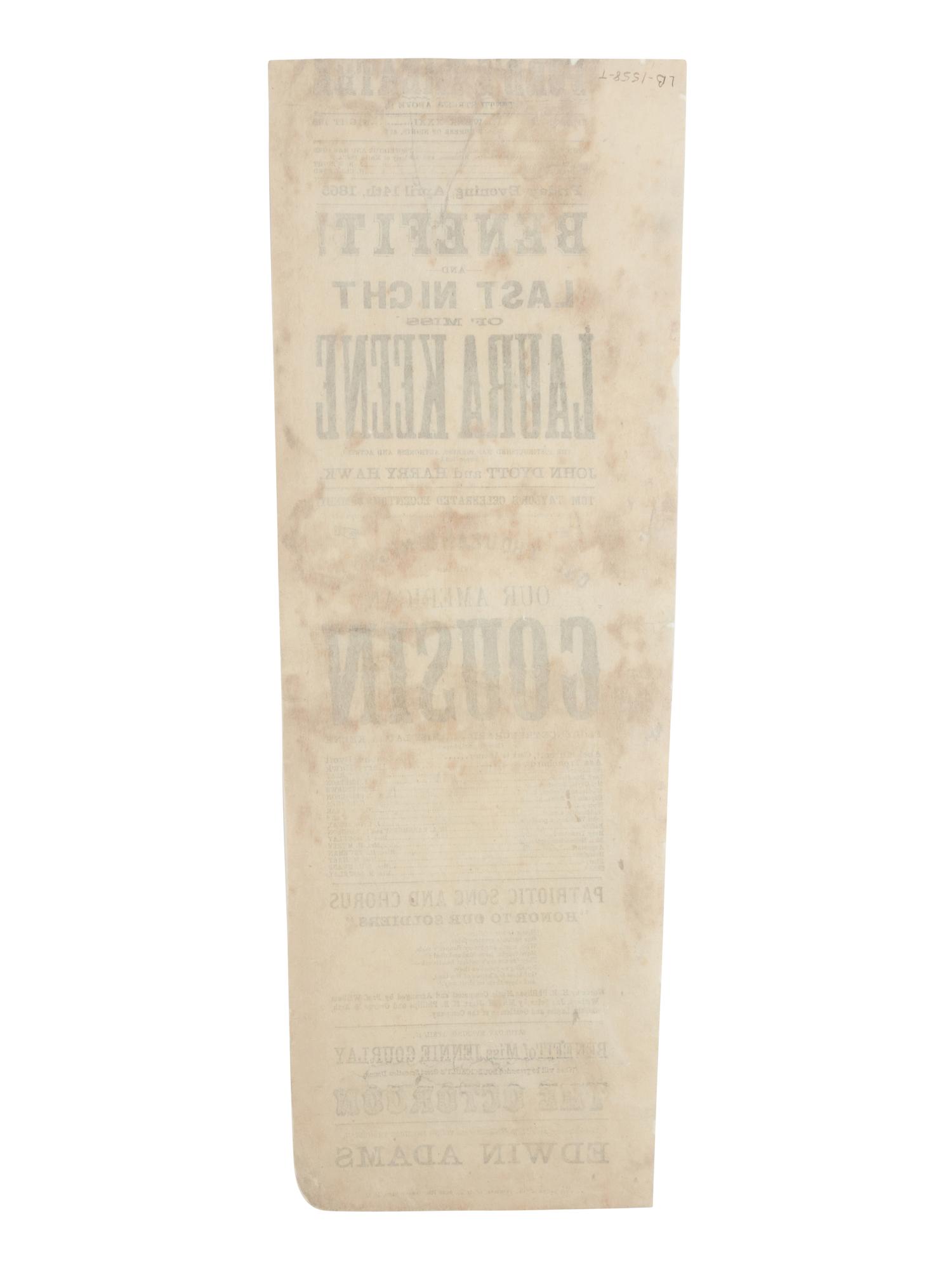 [LINCOLN ASSASSINATION]. An orchestra seat ticket stub for the 14 April 1865 performance of Our American Cousin at Ford's Theatre.