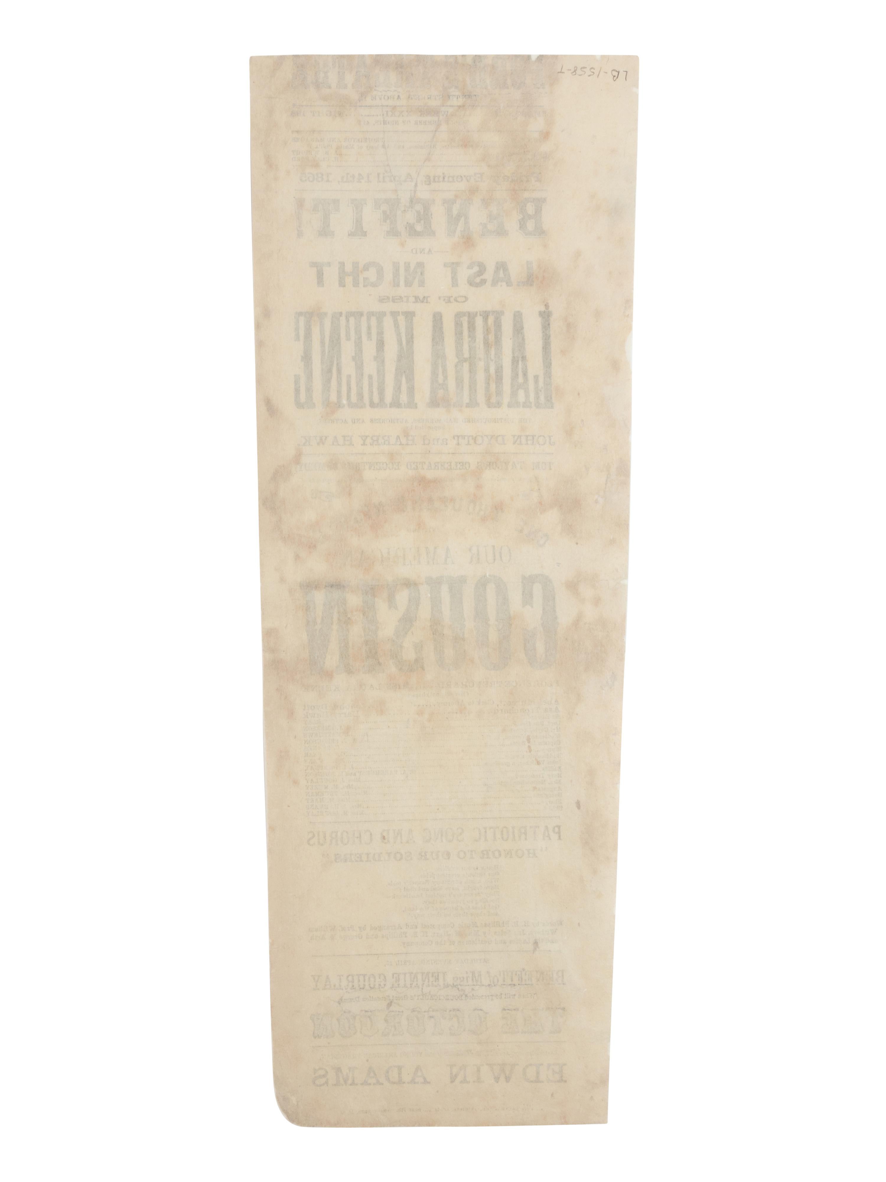 [LINCOLN ASSASSINATION]. An orchestra seat ticket stub for the 14 April 1865 performance of Our American Cousin at Ford's Theatre.